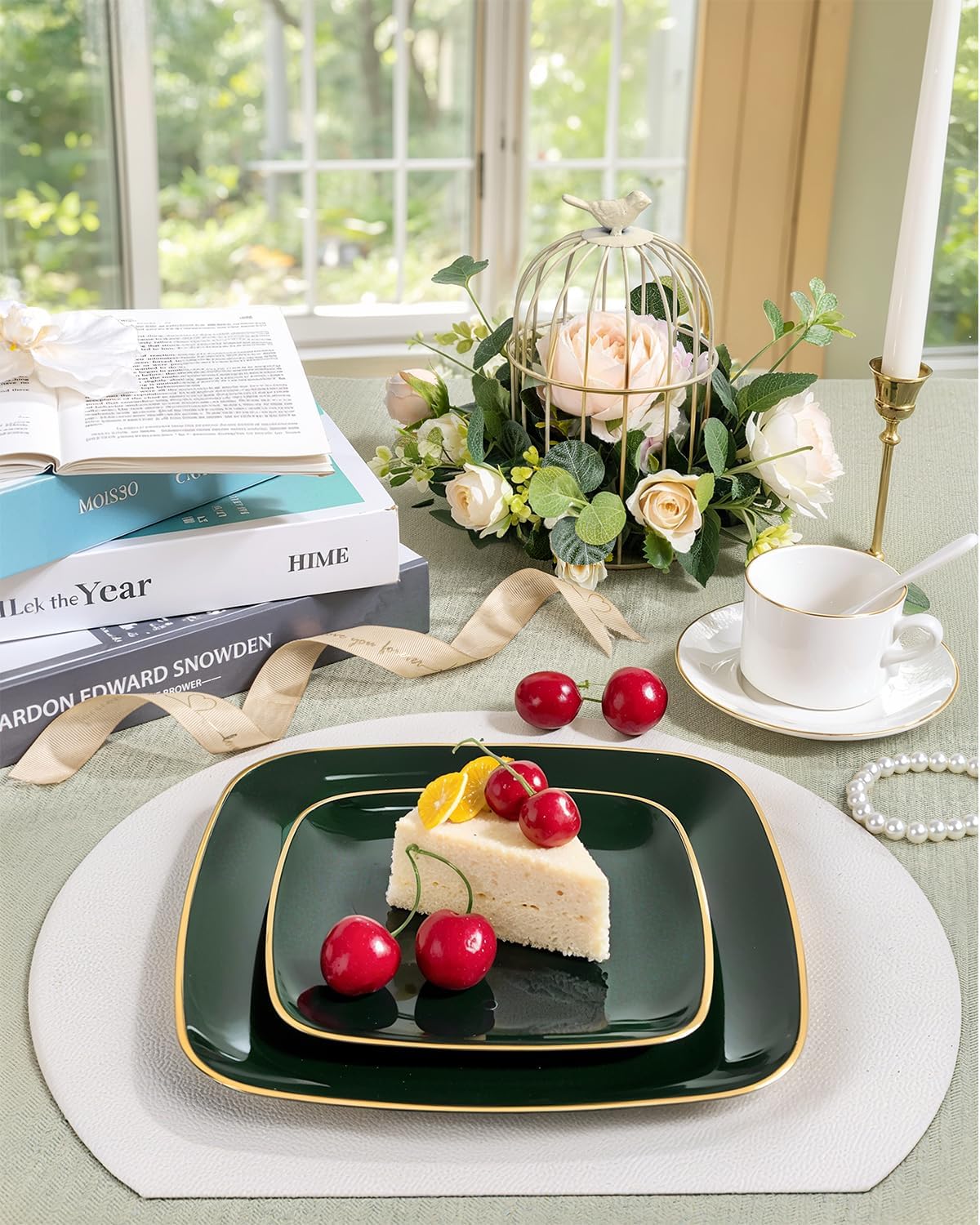 bUCLA 50PCS Green and Gold Plastic Plates - Green Gold Square Plastic Disposable Include 25 Each (Dinner & Dessert) Plates, Ideal for Party & Christmas - Image 8