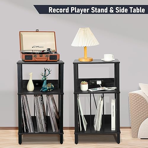 Miniatura 6 de Soporte para tocadiscos con estación de carga, estante de almacenamiento de vinilo de 3 niveles con capacidad para más de 100 álbumes, mesa auxiliar