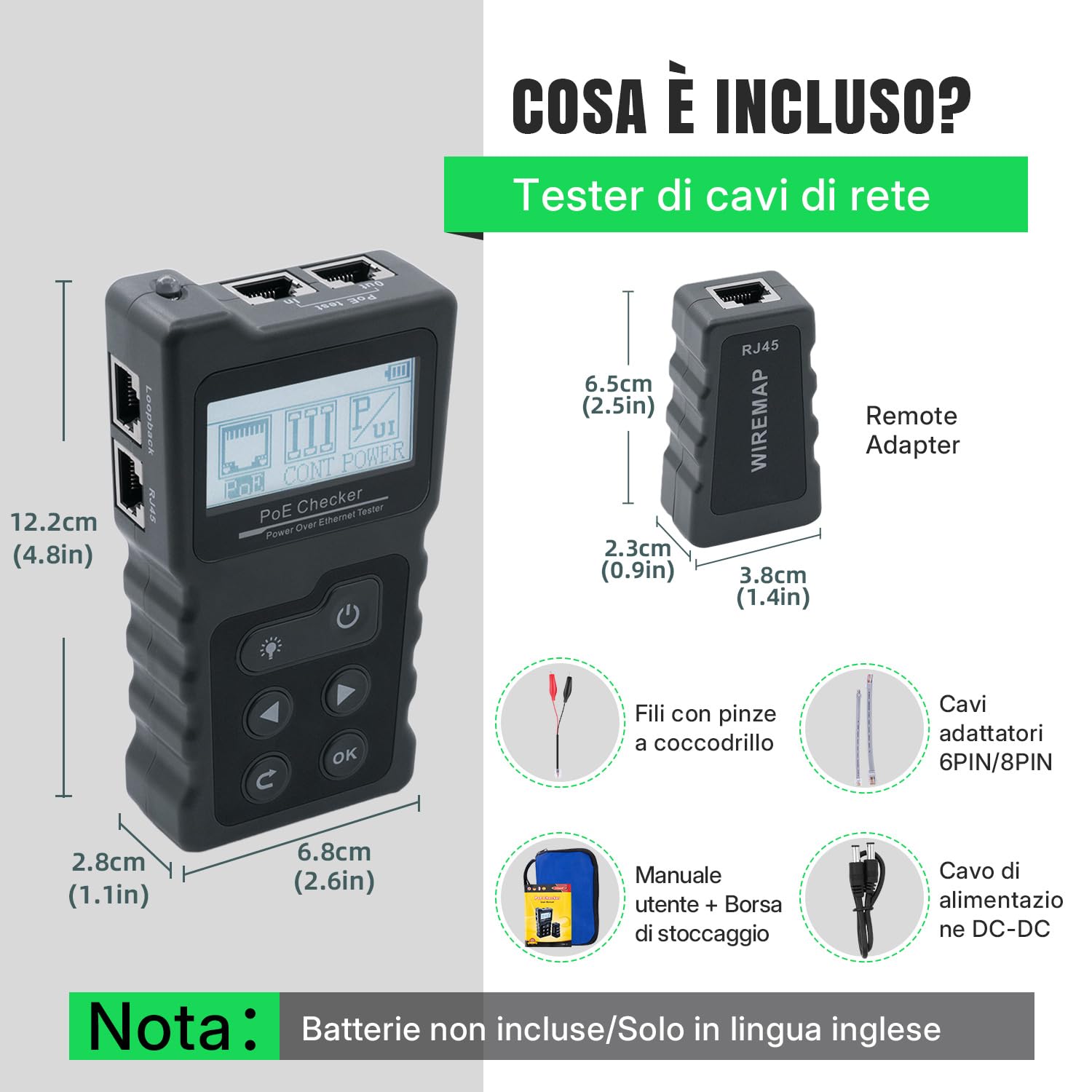 Tester di Rete RJ45,Tester Cavi LAN con LCD & Funzione POE Test per Verificare lo Stato di Cortocircuito, Incrocio e Circuito Aperto dei Cavi di Rete