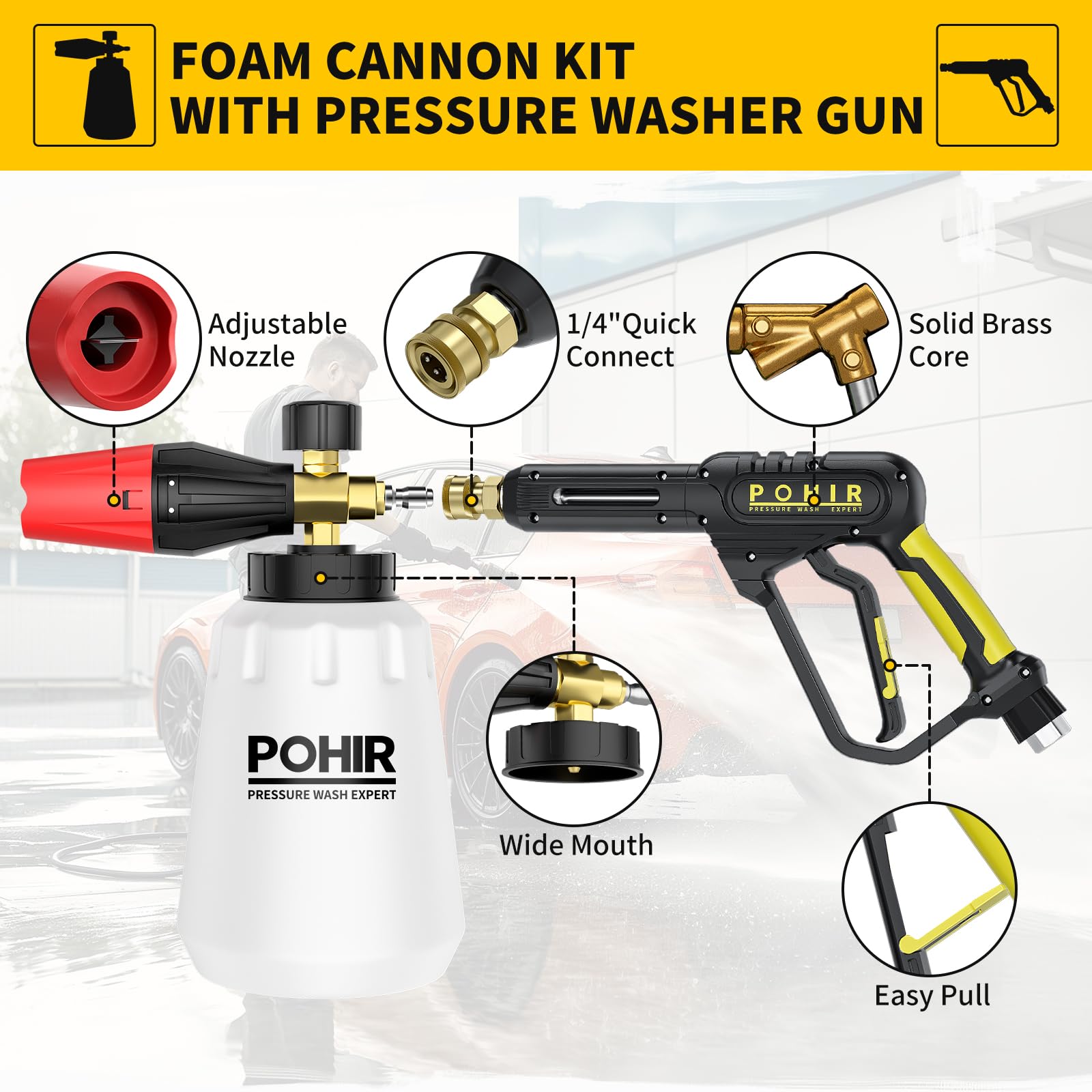 POHIR Pistola idropulitrice con cannone in schiuma e tubo idropulitrice da 15,2 m, kit di lavaggio a pressione 3600 psi con bacchetta di estensione da 38,1 cm e 7 punte per ugello, connettore rapido