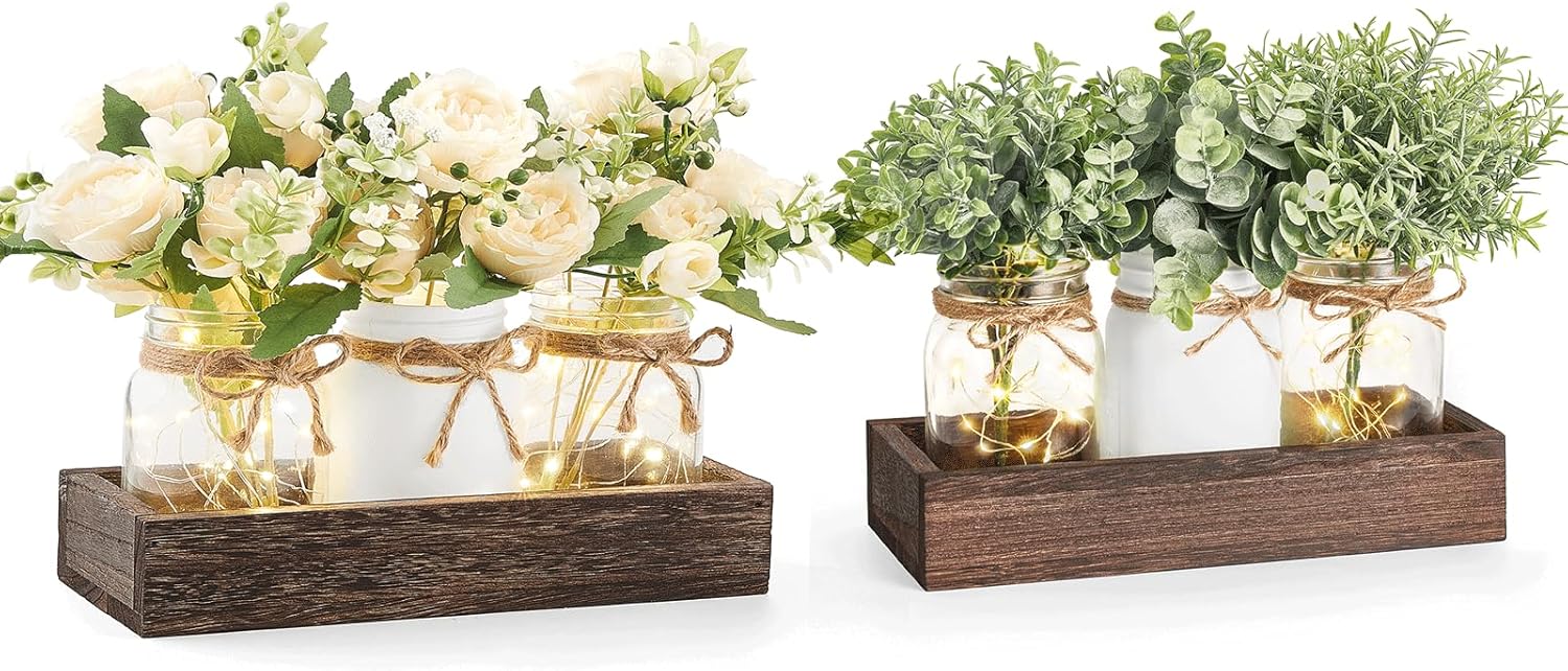 Mkono 2 Style Mason Jar Lights Table Centerpiece Decorations for Dining Room Farmhouse Coffee Table Decor