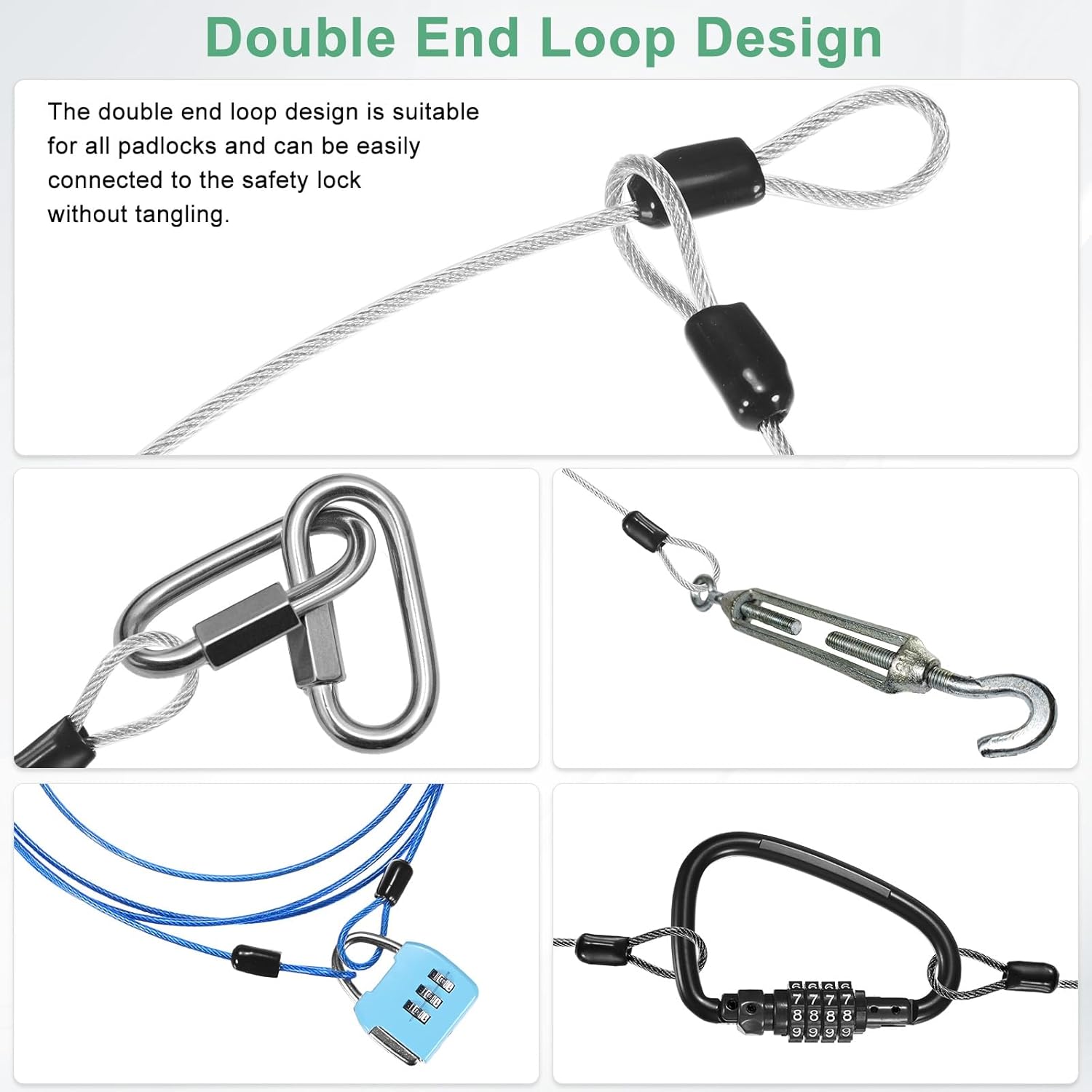 M METERXITY 2-Pack Security Cable Lock, 6.56FT PVC Coated Steel Luggage Lock Wire Rope with Double Loop for Outdoor Travel/Gate/Bike, Cut-Resistant Braided Steel Cable [Black]