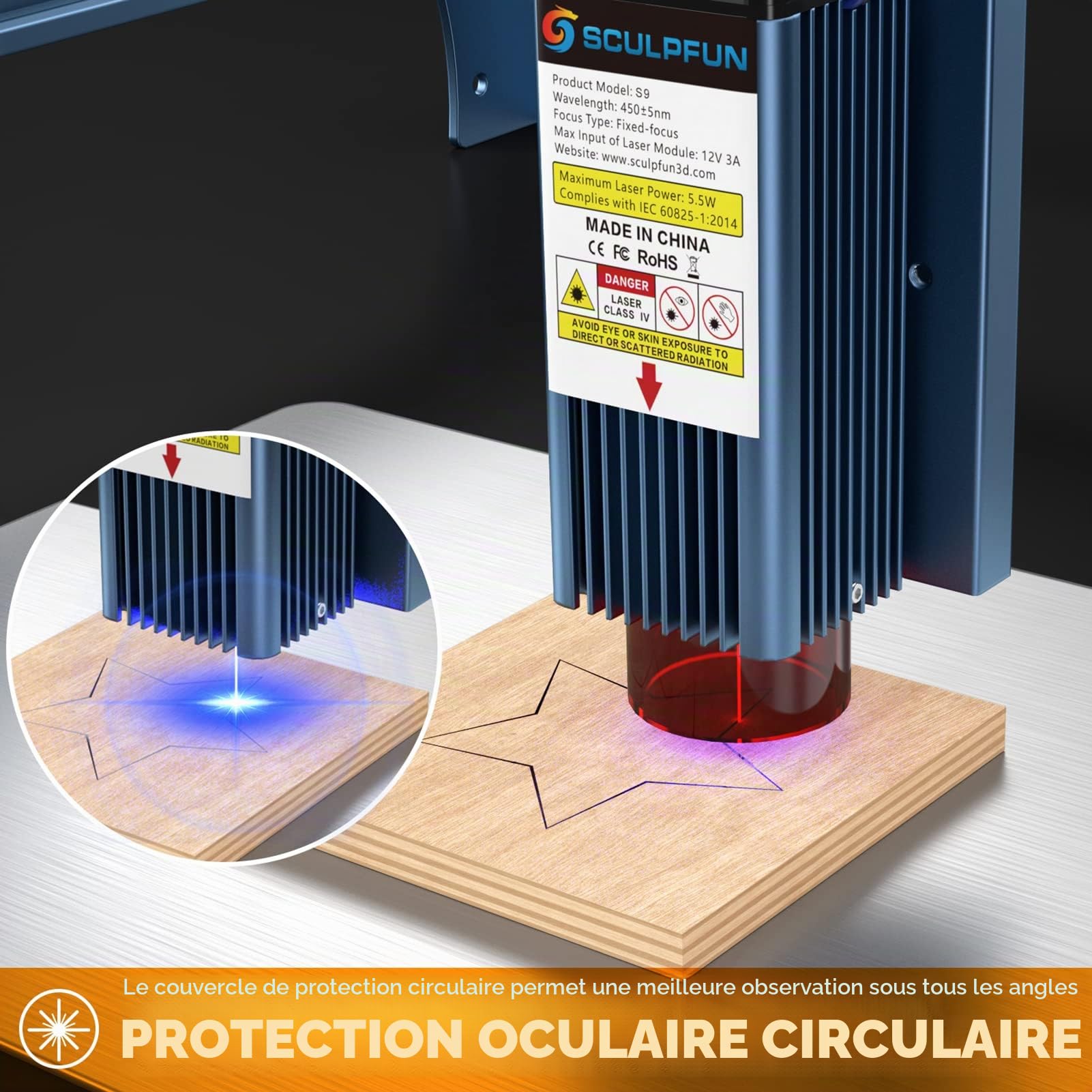 SCULPFUN S9 Graveur laser, 90W effet découpeuse gravure laser sur métal, gravure et découpe rapides en Bois, mise au point fixe et protection yeux, zone travail 410 mm x 420 mm