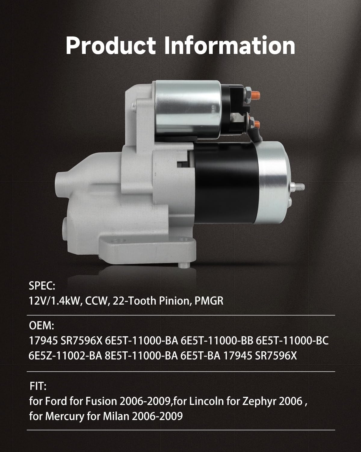 OCPTY Starter Fit for Fusion for Lincoln Zephyr for Mercury Milan 3.0L 2006-2009 SR7596X