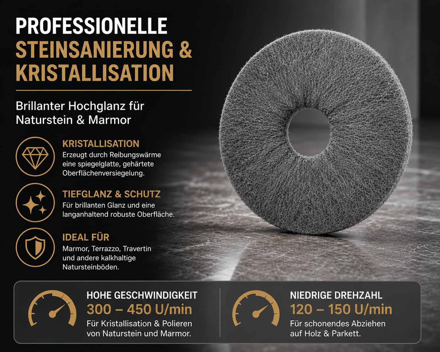 Lot de 5 patins de sol en laine d'acier inoxydable 432 mm – Disque de polissage de qualité supérieure pour décapage, cristallisation et frottement, tampon polyvalent pour pierre naturelle, marbre