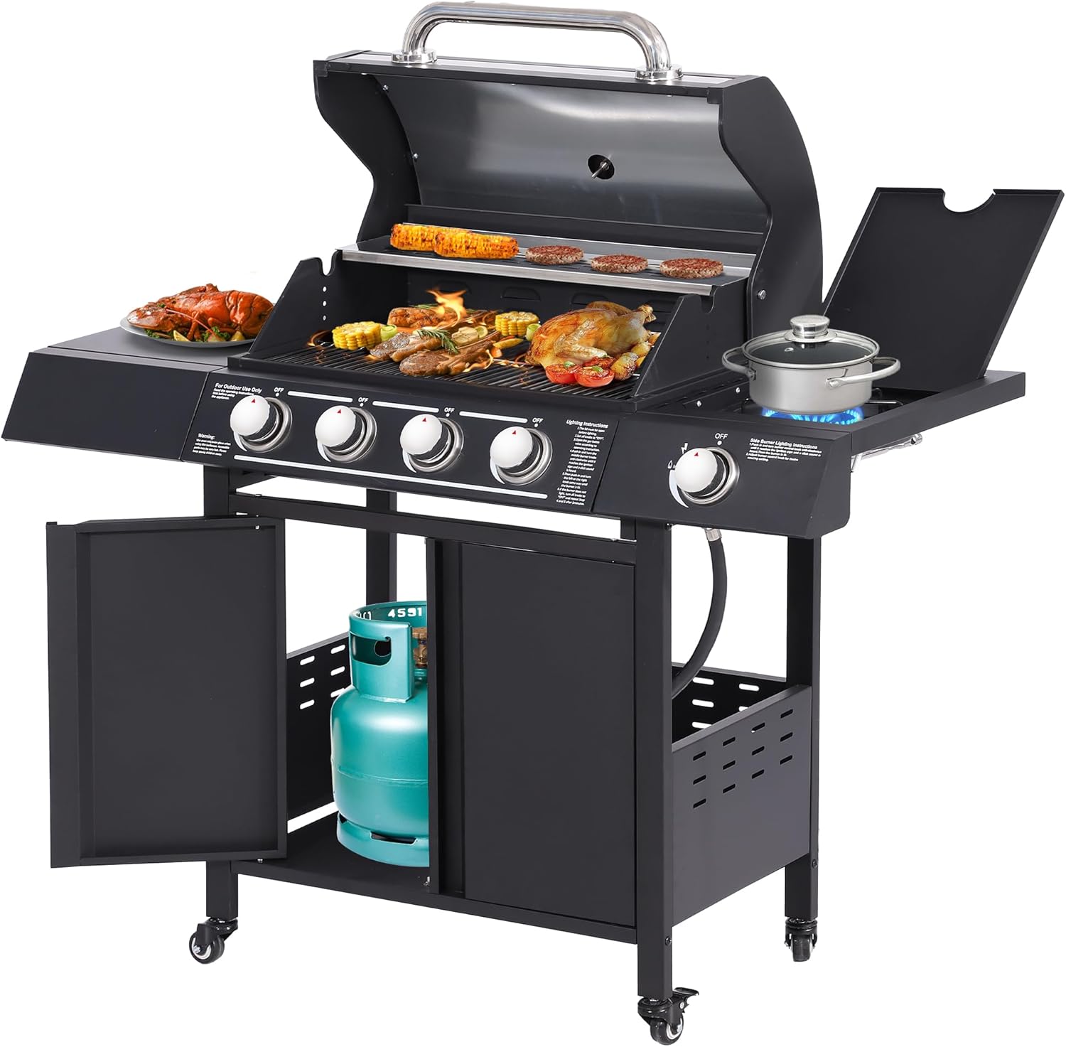 4-Burner Propane Gas Grill, 50,000 BTU BBQ with Side Burner, Outdoor Barbecue Grill Cart for Patio, Garden, Backyard