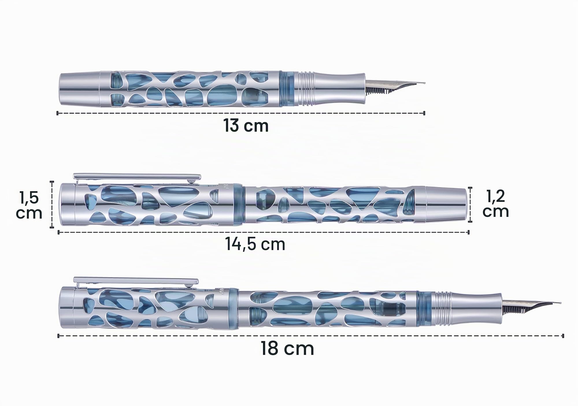 Asvine V169 Stylo Plume de Remplissage sous Vide Pointe Extra Fine, Goutte d'Eau Squelette Or Garniture Transparent Gris Bleu Acrylique Stylo Etui Ensemble