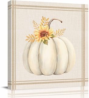 BiadingCC Fall Canvas Wall Art White Pumpkin Sunflower Oil Paintings on Canvas Classic Stripes Thanksgiving Wall Decor for Living Room Bedroom Bathroom Artwork Decorations Ready to Hang 8x8in