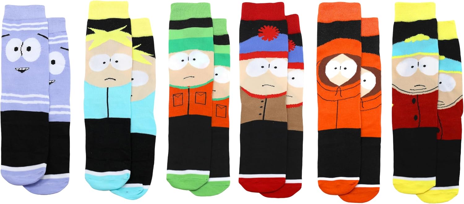 Hyp South Park 6 Pair Pack Novelty Crew Socks for Men - Stan, Kyle, Cartman, Kenny, Butters, Towelie, Shoe Size 6-12