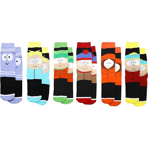 Hyp South Park 6 Pair Pack Novelty Crew Socks for Men - Stan, Kyle, Cartman, Kenny, Butters, Towelie, Shoe Size 6-12