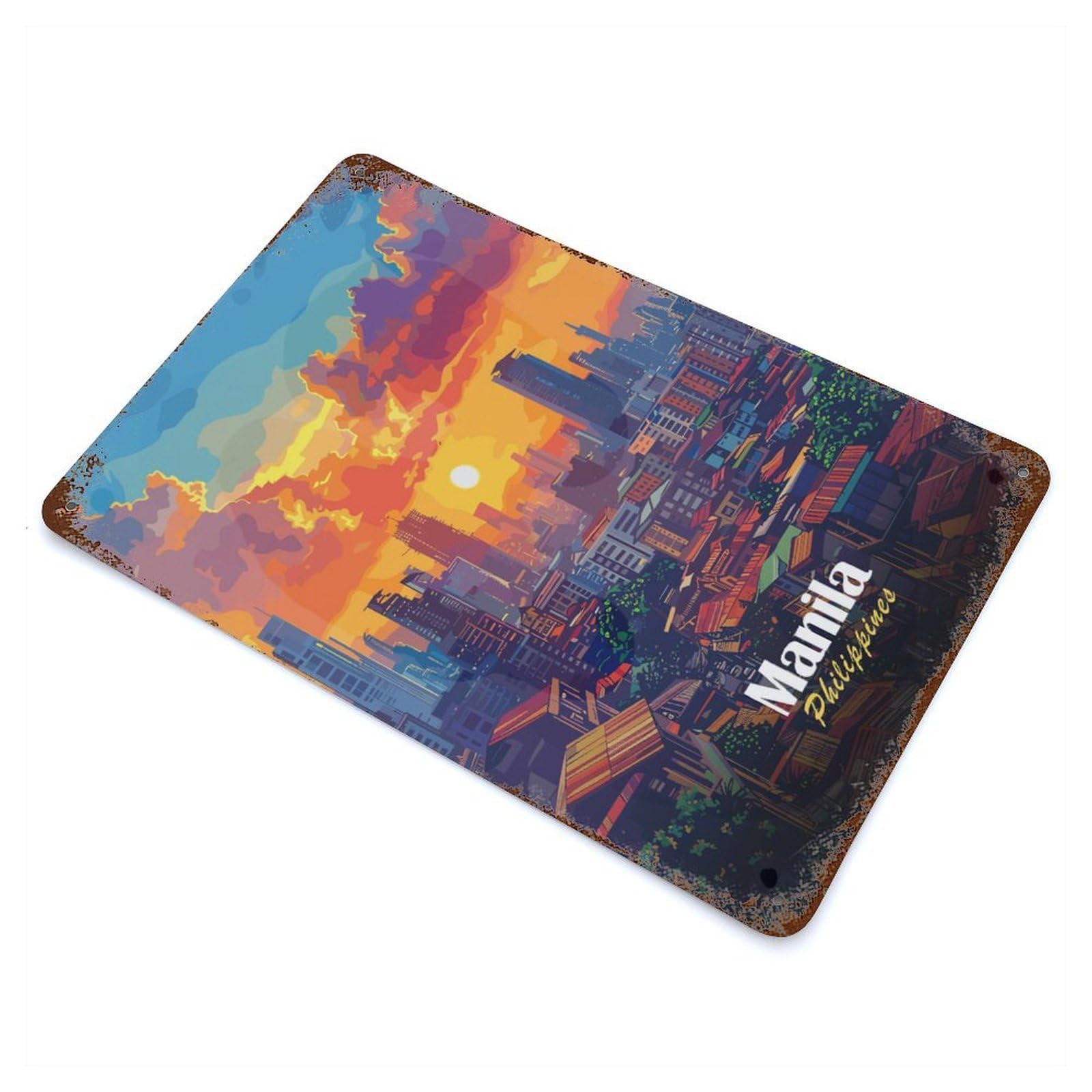 Garage Style Manila Philippines Cityscape at Sunset Rustic Tin Plaque 11.8"x7.9", Industrial Home Decor for Bar And Workshop