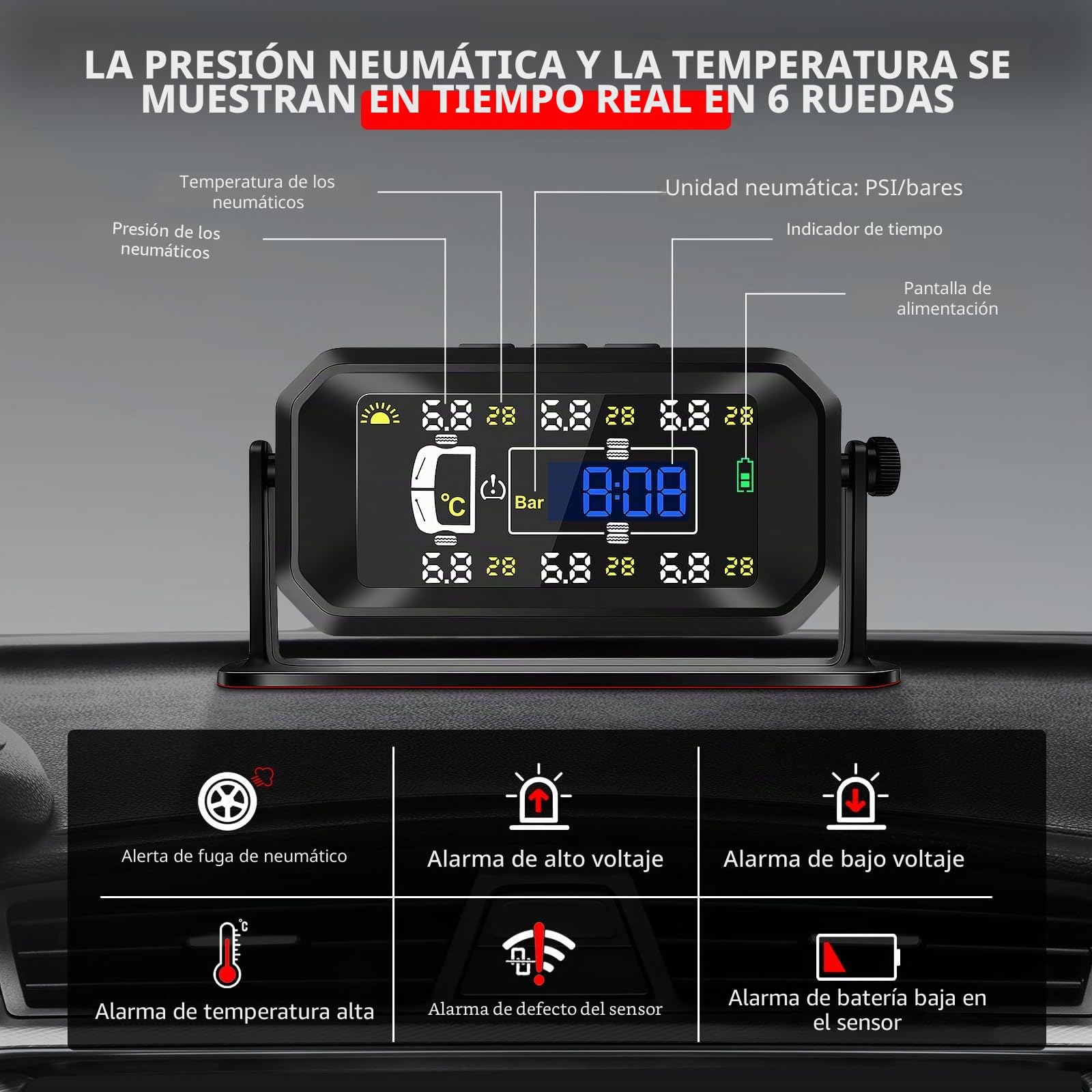 KAOLALI Sistema de Monitoreo de Presión de Neumáticos,【4/6-Ruedas Modos】 0.01Bar Alta precisión Carga Solar TPMS, Indicación de la Hora, con 6 Sensor Presion Neumaticos para Coche SUV LKW Camiones