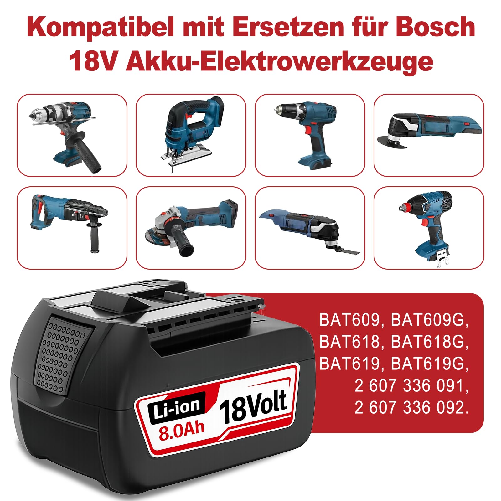 4 Stück 8.0AH Li-Ion Ersatzakku für Bosch 18V Akku Lithium Akku Kompatibel mit Bosch 18V Serie BAT609 BAT609G BAT618 BAT618G BAT619 (Nicht Kompatibel mit 18 Volt Green Tools House & Garden System)