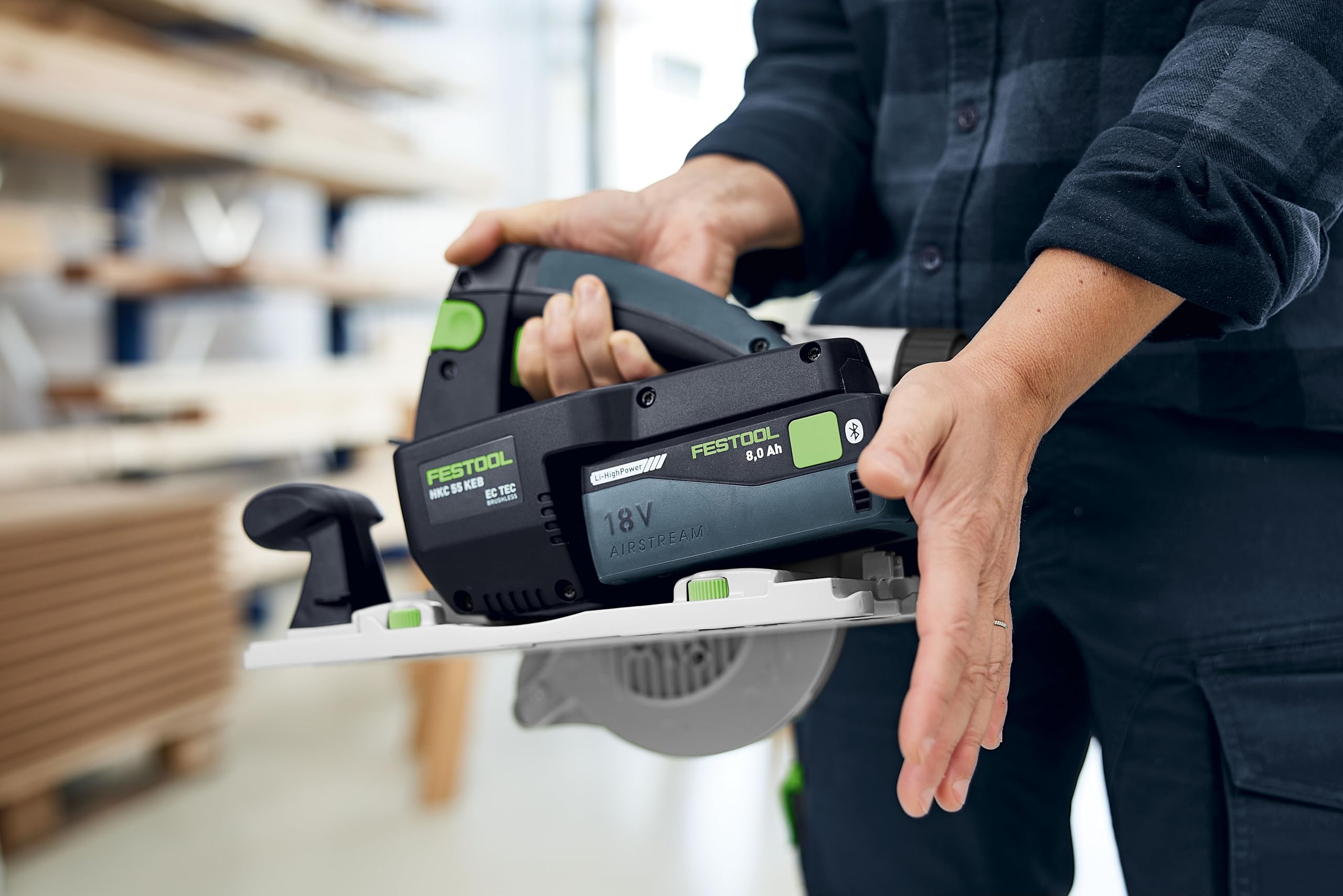 Festool Akumulatorowa ręczna piła tarczowa HKC 55 KEB-Basic – wydajna piła 18 V z KickbackStop, precyzyjna głębokość cięcia, mobilne cięcie do drewna, rzemieślników, na placu budowy
