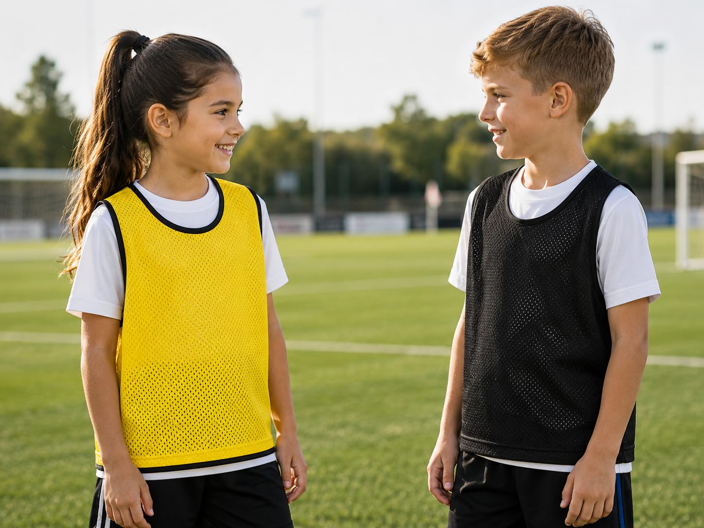 KYTO Fußball Trainingsset für Kinder, 2 Tore, 50 Markierungshütchen, 6 Leibchen in Größe M, Mini Ball, Pumpe, Tasche, Erdanker, Fußball Zubehör für Garten, Park und Training