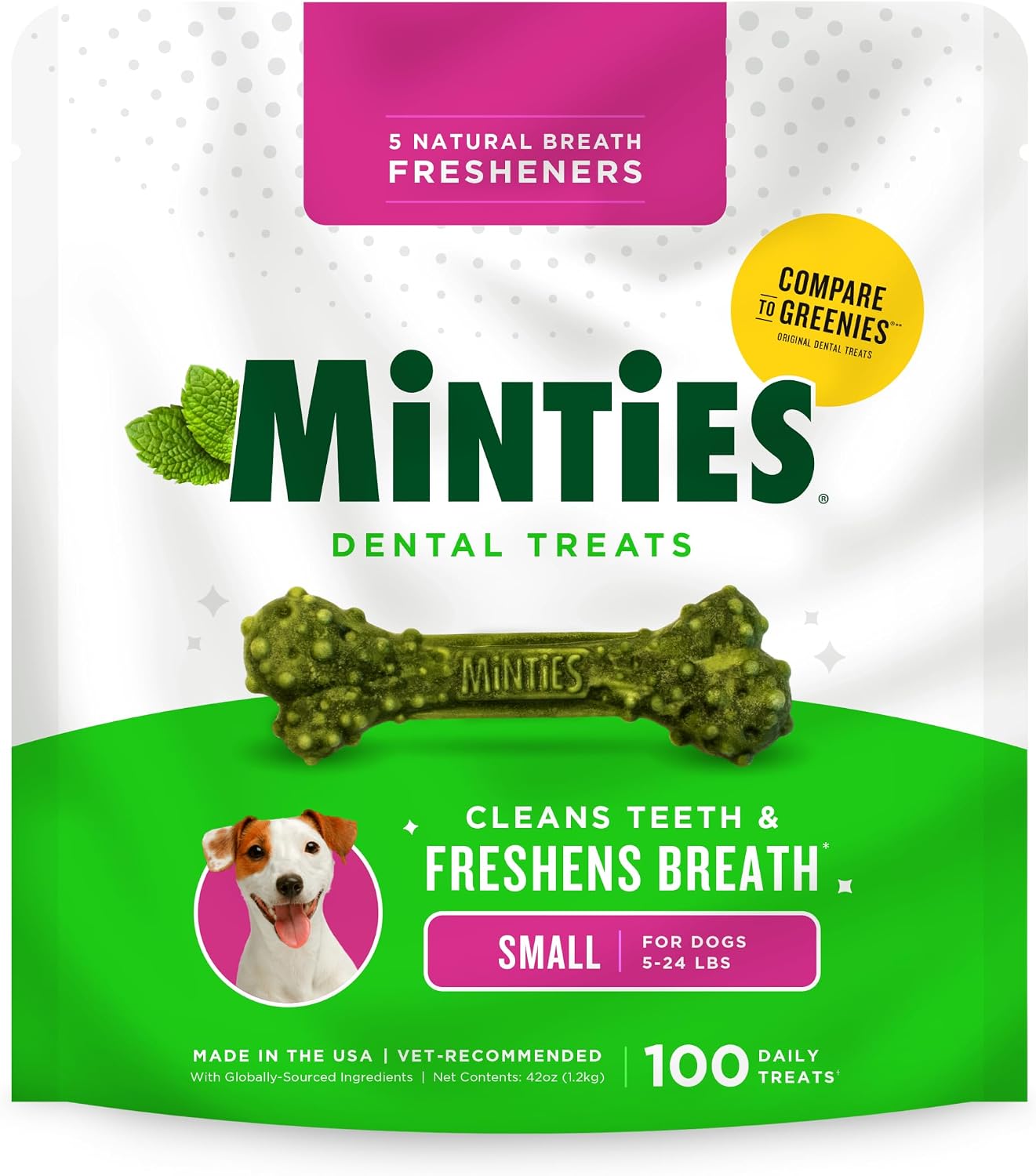 Minties Mint Dental Chews for Dogs, Small Breeds 5-25 lbs, 100 Count