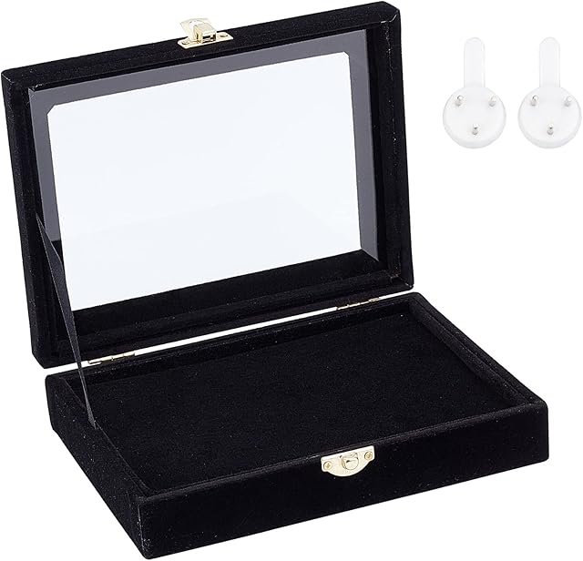 NBEADS Black Velvet Pin Display Case, 20.3x16.3x4.8cm Wall Hanging Brooch Jewelry Storage Case Wooden Presentation Boxes with Glass Window and Hangers for Coin Medals Pins Badges Display and Storage