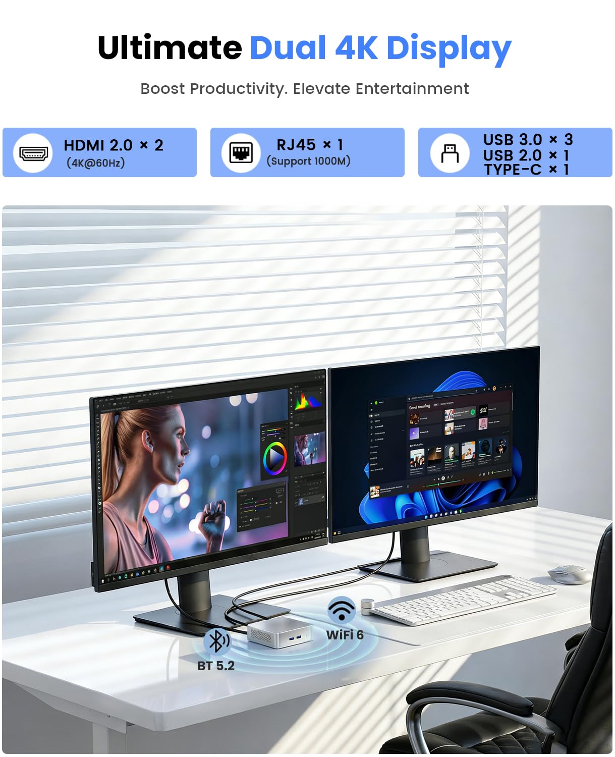 Kayoote Mini PC Desktop Processore Ryzen 3 3200U (Fino a 3,5GHz) Win 11 Pro, 8GB RAM DDR4 512GB SSD, 4K Doppio Schermo HDMI/USB3.0/WiFi 6/BT5.2/Type-C/RJ45 Ethernet per Casa, Studio, Ufficio