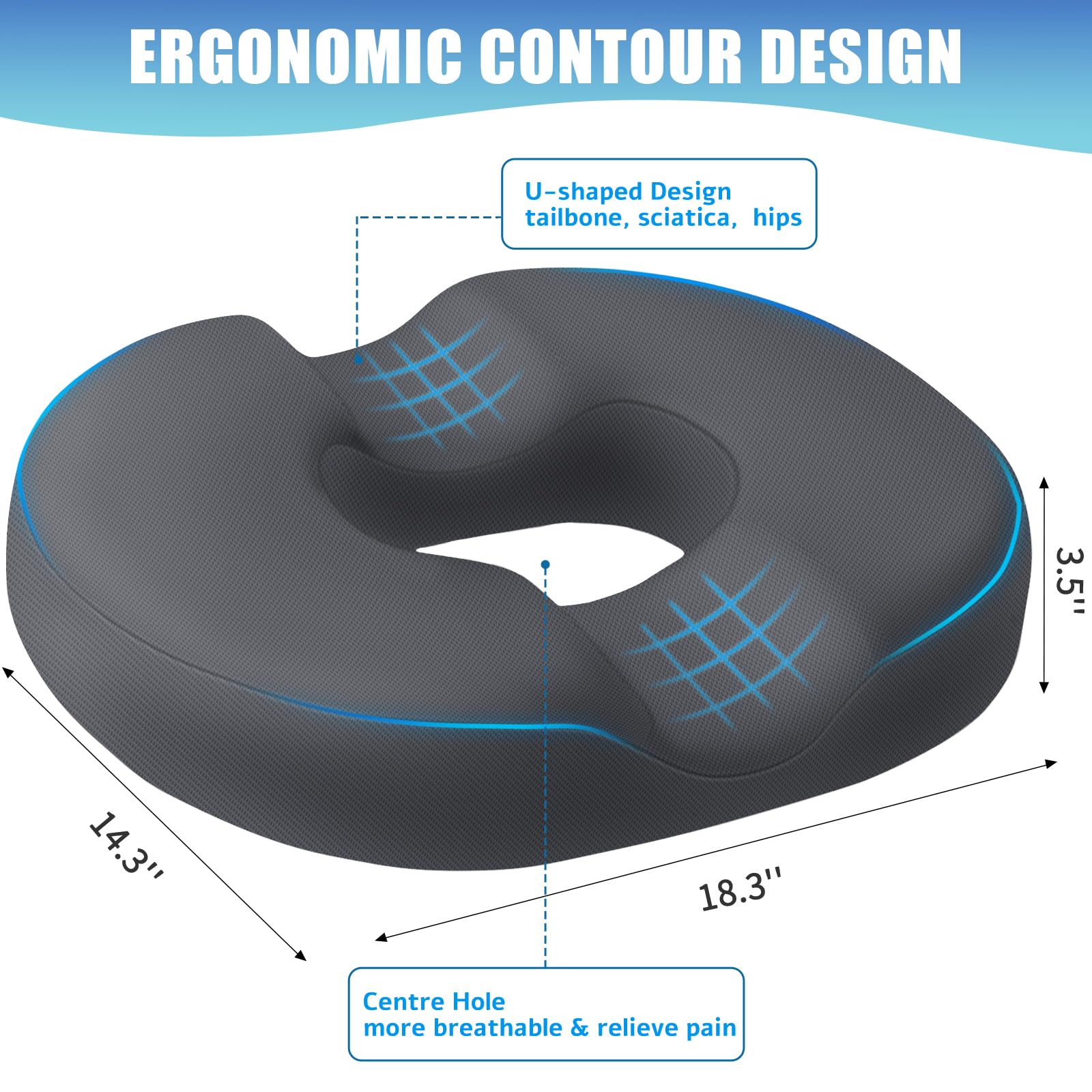 BlissTrends Cuscino per seduta a ciambella, per sedia a ciambella, per sedia postpartum, gravidanza ed emorroidi, per alleviare il dolore al coccige, cuscino in memory foam, per sedie da ufficio e da