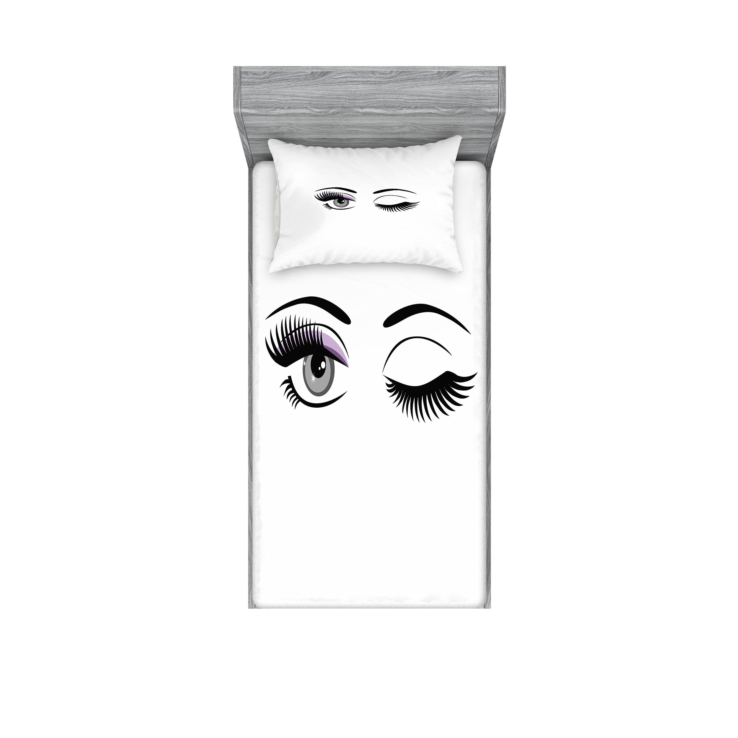 Ambesonne Eyelash Fitted Sheet & Pillow Sham Set, Cartoon Style Dramatic Woman Eyes Long Lashes Winking Flirting Gesture, Decorative Printed 2 Piece Bedding Decor Set, Twinxl, Lilac Grey Black