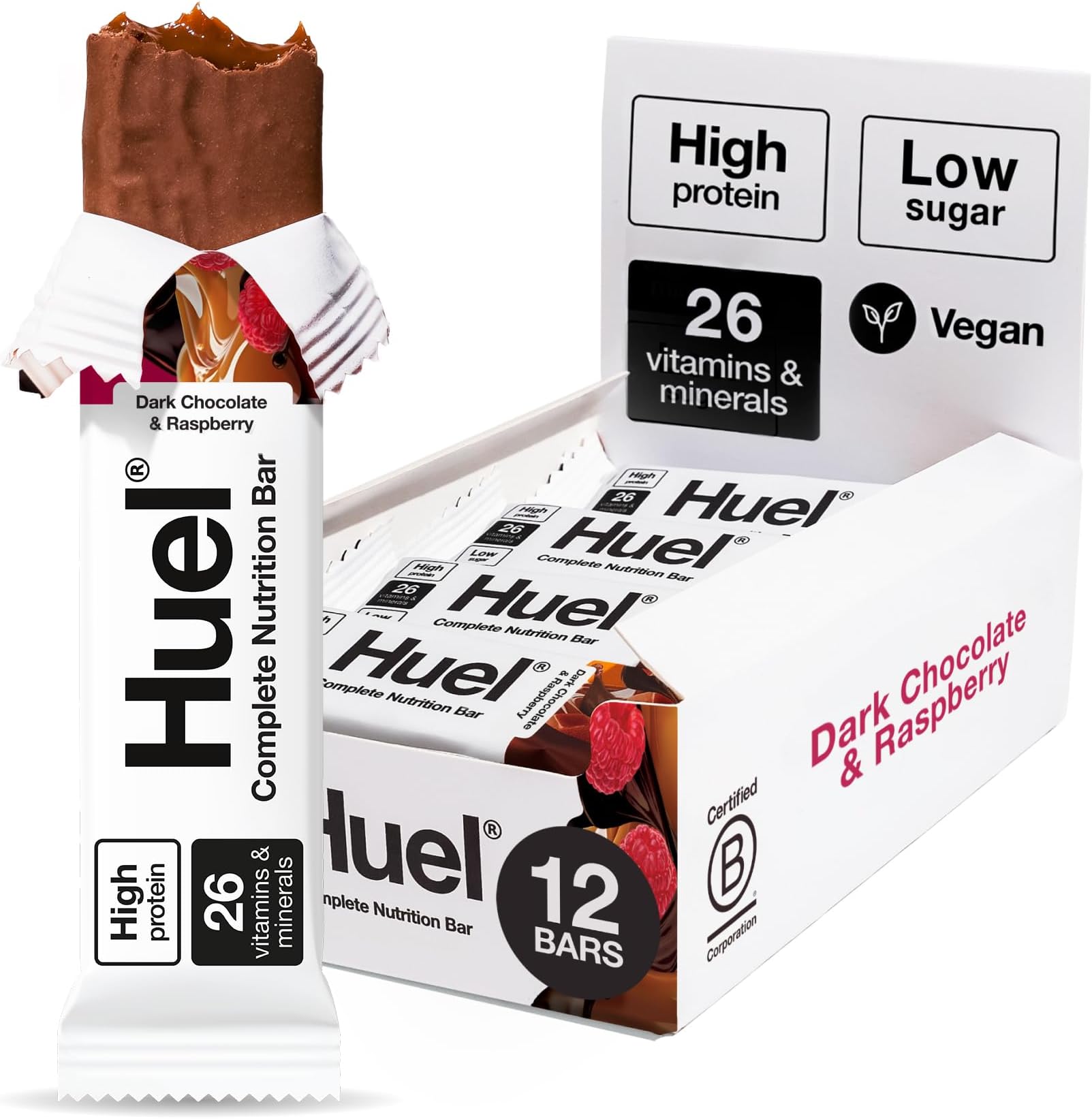 Complete Nutrition Bar, 12 x 51g Bars, Dark Chocolate Raspberry, High Protein Bar, Plant-Based Protein Bars, Low Sugar, High Fibre, High-Protein Snack with Vegan Chocolate, Under 200 Calories
