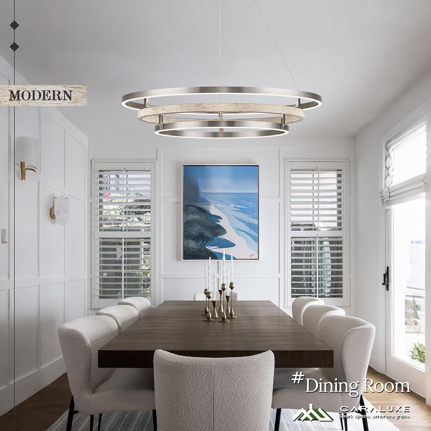 3 Ring LED Chandelier Nickel Round Chandelier Light Fixture 31in Dimmable Modern Entry Chandeliers Weathered Wood Circular Light for Foyer Dining Room Bedroom Office Living Room