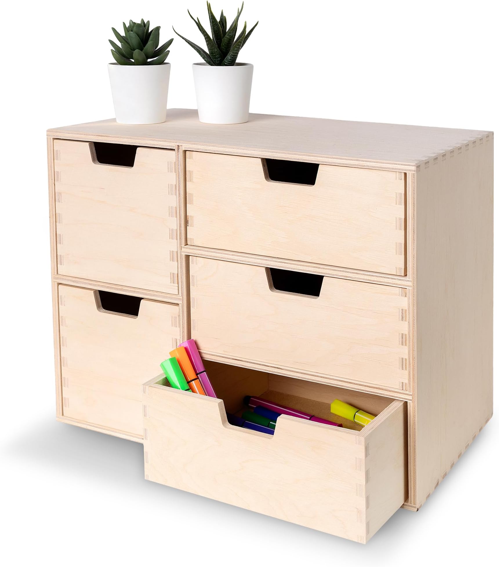Creative DecoMini Wooden Chest of Drawers | 36x20x28.5cm | 5 Compartments | Desk Organiser for Paper Work Documents | Plain Stationary Organiser for Office Accessories | Large Storage Box with Drawer