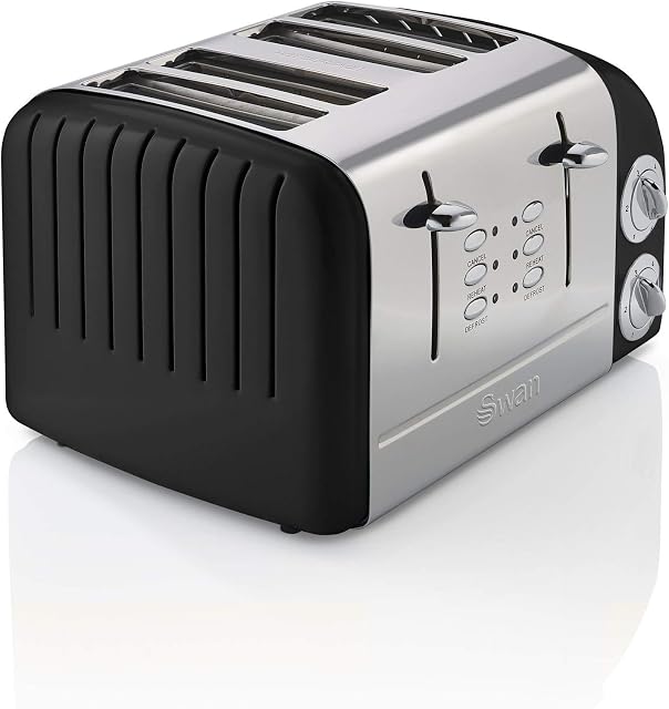 Swan 4 Slice Retro Toaster, Black, 1600W, Stainless-steel, Independent Controls, ST34020BN, 5055322547776