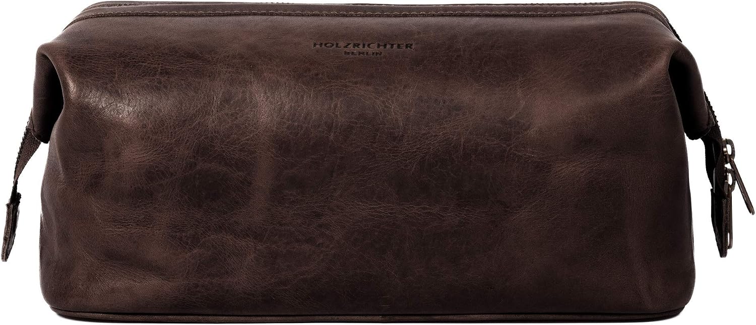 HOLZRICHTER Berlin - Large Leather Toiletry Bag for Men and Women No-5-2 Toiletry Bag 20 x 29 x 16 cm Genuine Leather Cosmetic Bag Dark Brown