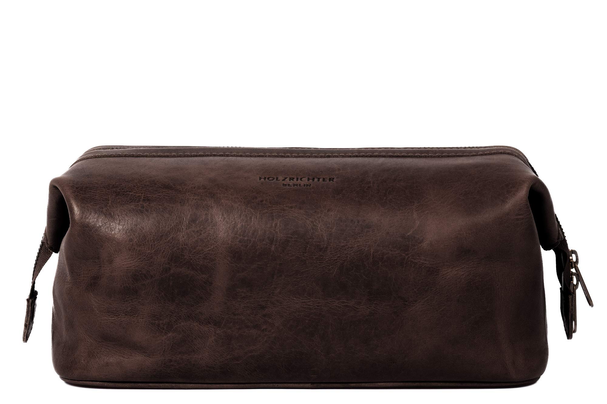 HOLZRICHTER Berlin - Große Kulturtasche aus Leder für Damen & Herren (No-5-2), Kulturbeutel 20x29x16cm, Echtleder Kosmetiktasche, Dunkelbraun