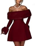 Women's Off Shoulder Long Sleeve Fur Trim A-Line Party Club Mini Dress
