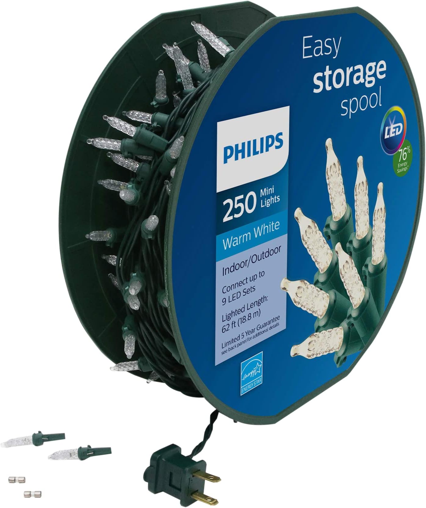 Philips 250 LED Warm White Faceted Mini Christmas Lights on Green Wire with Storage Spool - UL Listed for Indoor/Outdoor Use - 64.33' Length with 4" Bulb Spacing - String Lights for Christmas Tree