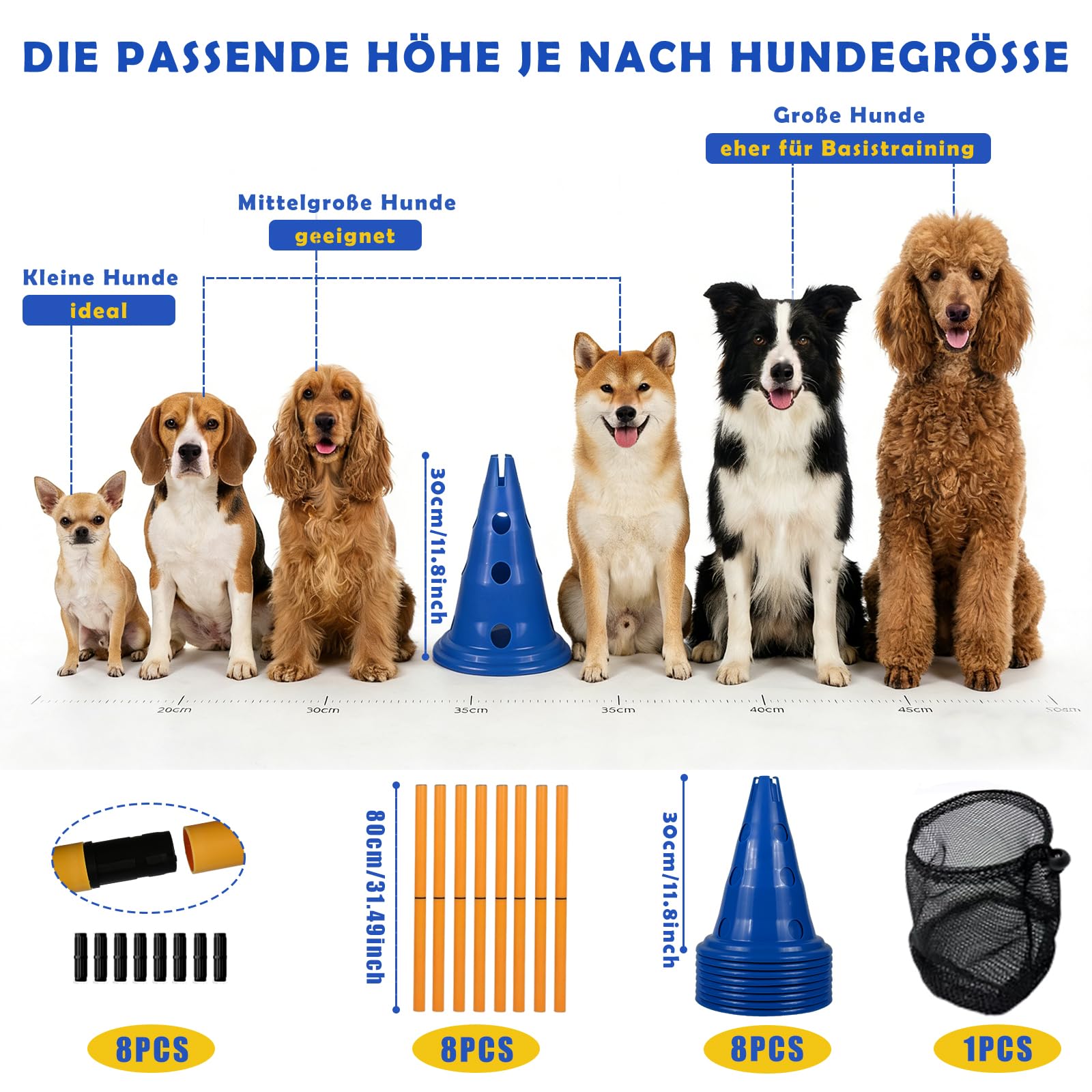 Cavaletti Stangen Hund Agility Set Hunde Klein Groß 30 cm Hoch, Sports Steckhürdenset mit 8 Kegel 16 Stangen, für Pylonen Hundetraining & Fussball Trainingszubehör
