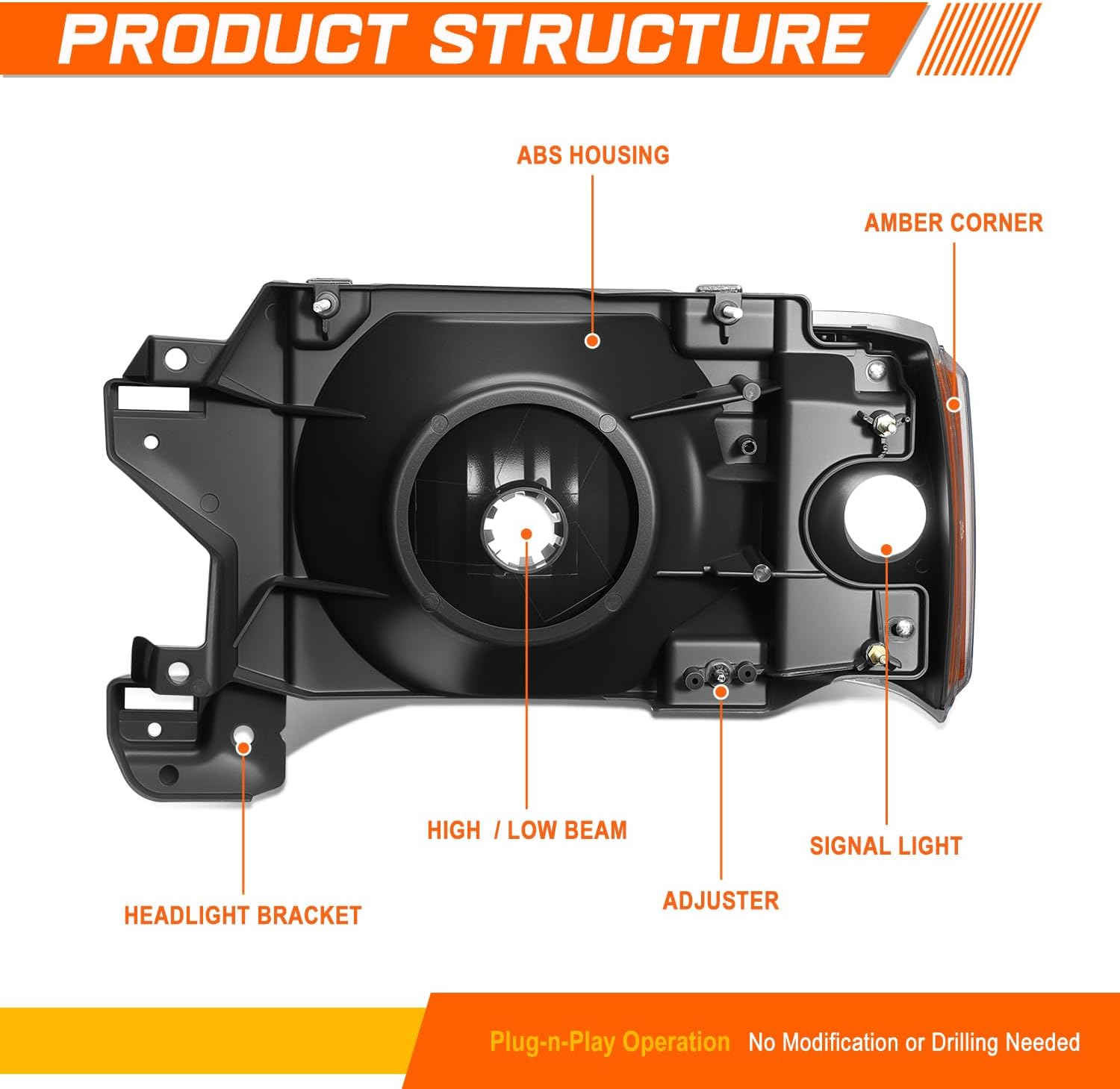 PM PERFORMOTOR Headlights Assembly Compatible with 87-91 Ford F150/F250/F350/Bronco 2Pcs Headlamps with Black Housing Amber Corner