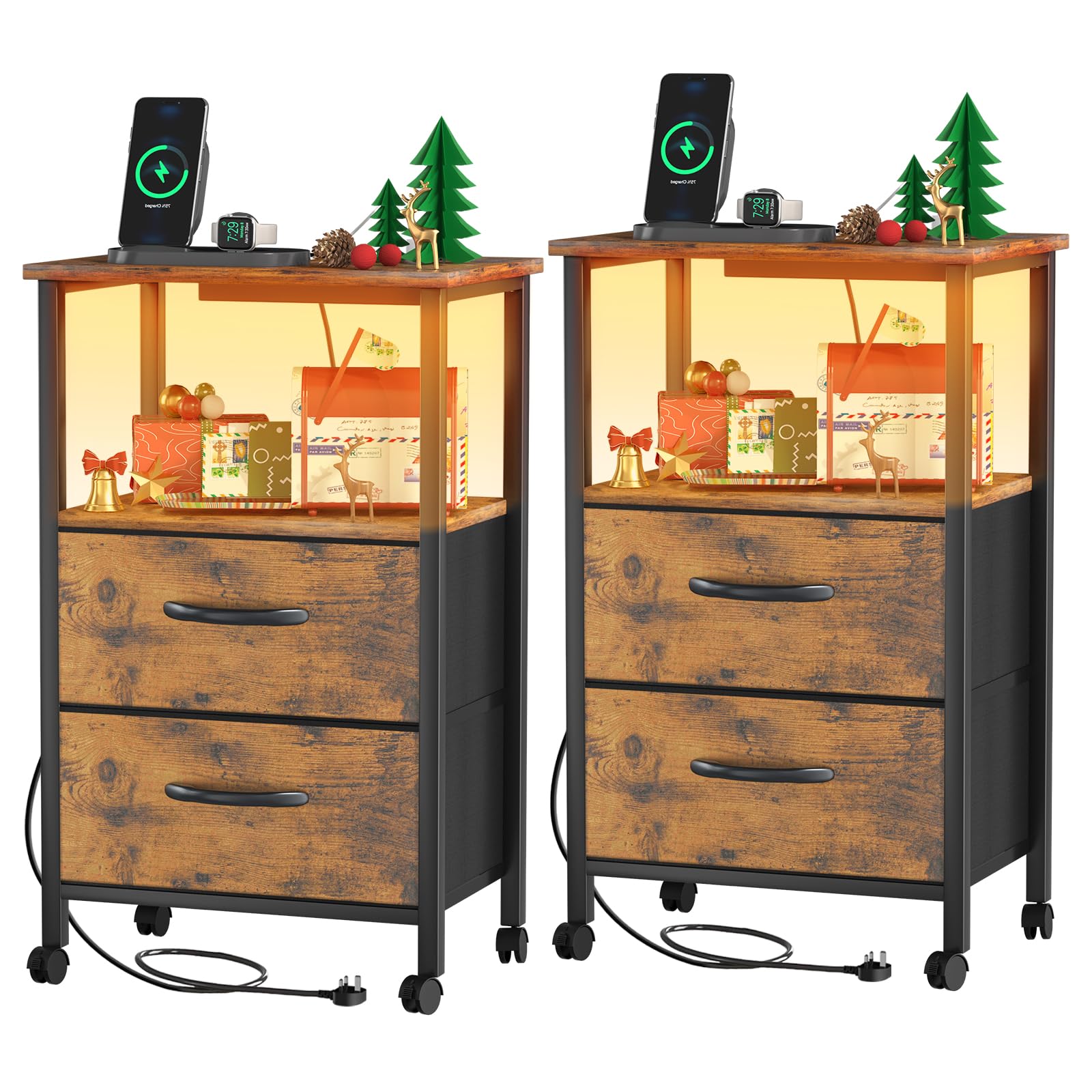 Bedside Table - Bedside Cabinet with Charging Station - Storage Nightstand Side Tables with 2 Large Capacity Fabric Storage Drawers - 42cm Wide Bed Side Table with Led Lights for Bedroom, Living Room