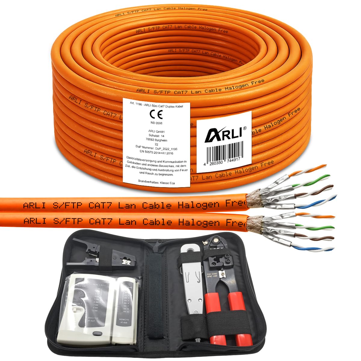 ARLI CAT 7 Verlegekabel 50m DUPLEX Netzwerkkabel + Werkzeugset Werkzeug Set Crimpzange + LSA Anlegewerkzeug + Tester + Messer Twin Installationskabel Kabel Netzwerk Verkabelung Datenkabel CAT7 Duo