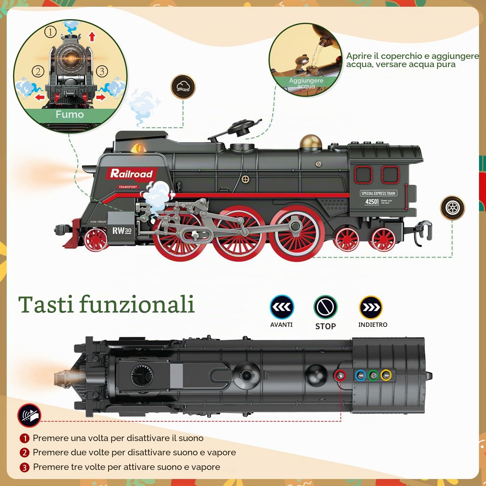 Set Treno Elettrico Telecomandato Natalizio con 3 Uscite di Fumo, Luci e Suoni, Locomotiva e Vagoni su Binari, Telecomando, Decorazione sotto l’Albero di Natale, Regalo per Bambini dai 3 Anni in su