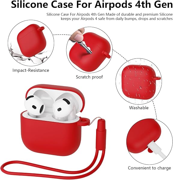 Mocarheri Custodia Case Compatibile con AirPods 4 2024 con Kit di Pulizia, Premium Silicone per Airpods 4 Custodia Cover Custodia protettiva in silicone antiurto, LED Frontale Visibile, Rosso - 3