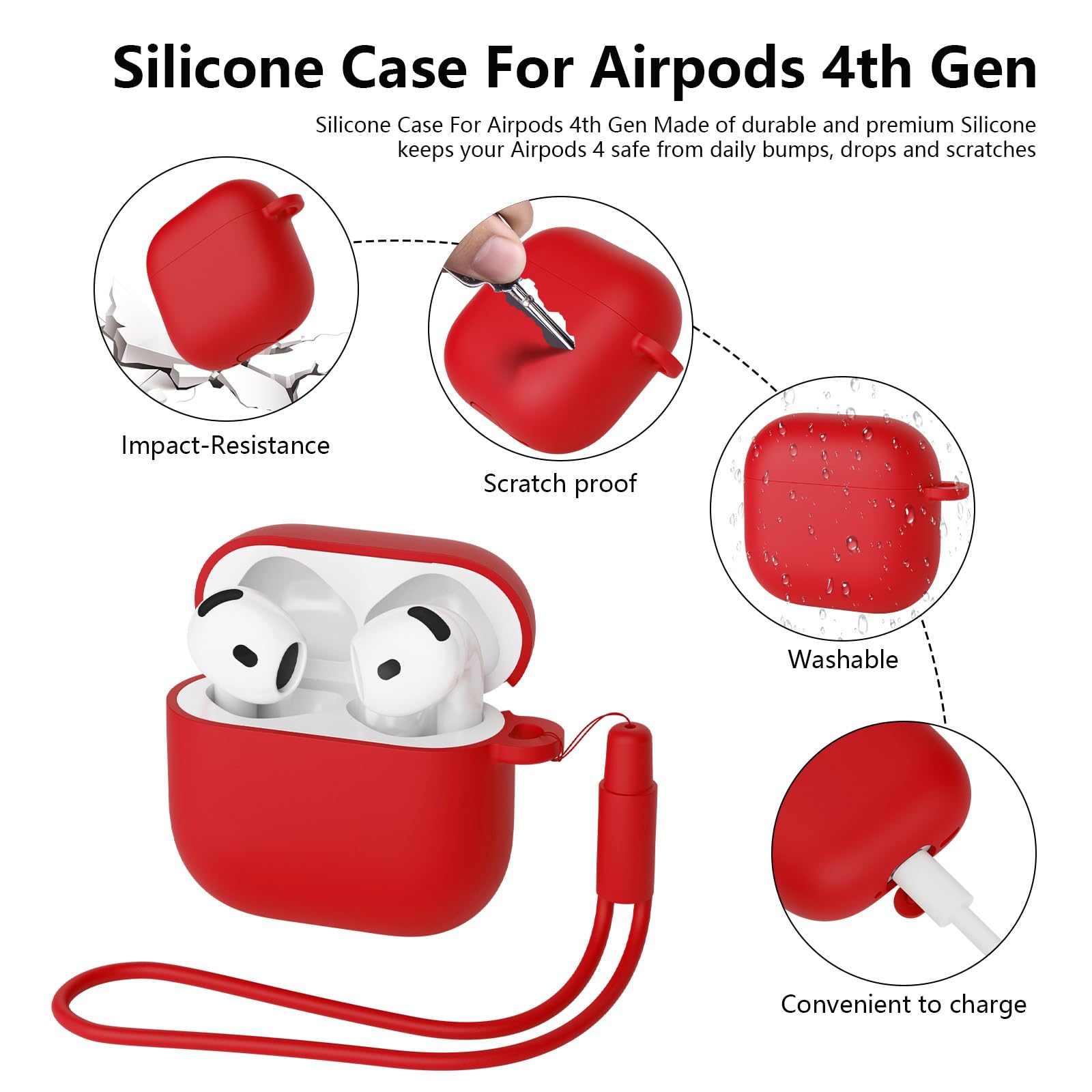 Mocarheri Custodia Case Compatibile con AirPods 4 2024 con Kit di Pulizia, Premium Silicone per Airpods 4 Custodia Cover Custodia protettiva in silicone antiurto, LED Frontale Visibile, Rosso - 4