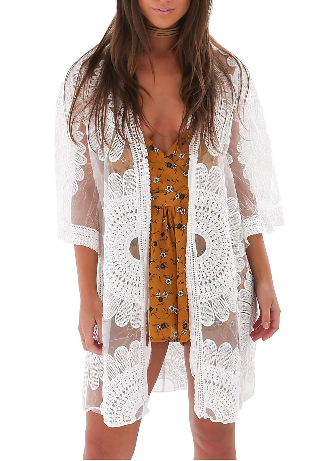 Shermie Women's Floral Crochet Lace Beach Swimsuit Cover Ups Long Vintage Kimono Cardigan - White -