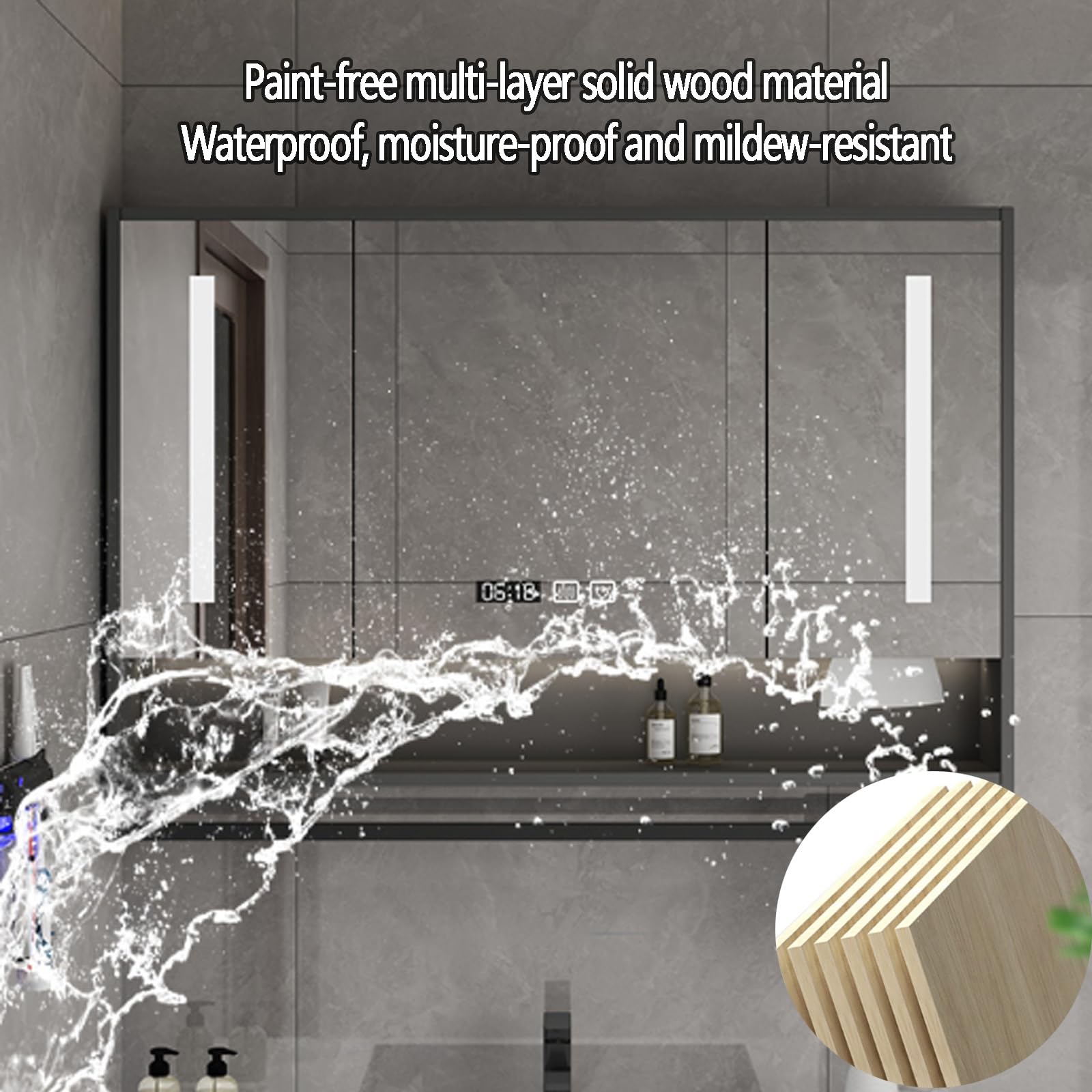 Armario baño pared De madera con espejo y luz,espejo baño con almacenaje y luz,armario espejo baño led Espejo Antivaho de Maquillaje Inteligente,Visualización de la hora,Agujero de papel,Barra de toal