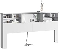 Vista 7 de Cabecera tamaño King solo para dormitorio, elegante cabecero de estantería King con estación de carga integrada y 2 luces LED, cabecera de madera