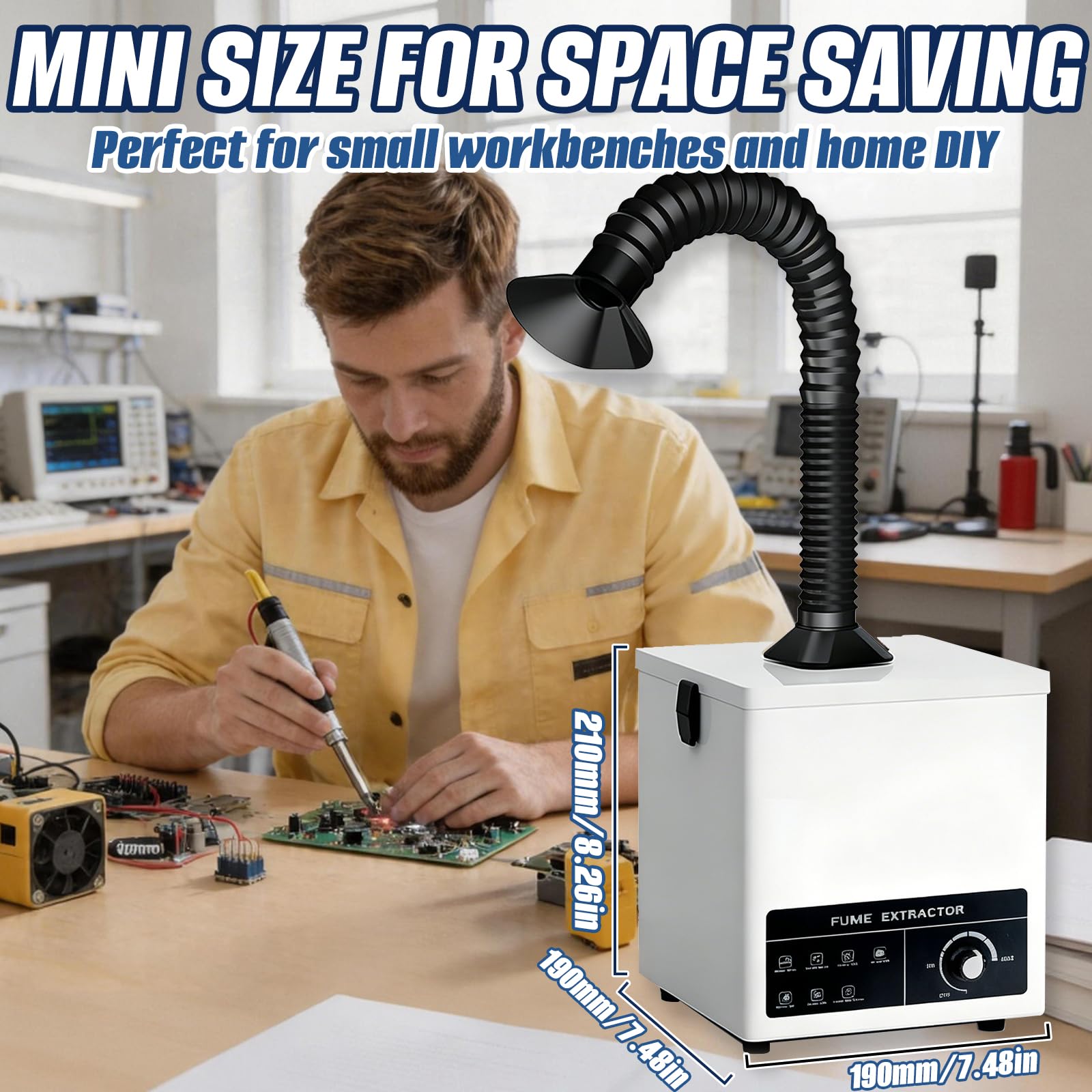Aspiratore fumi saldatura 50 W con filtro a 3 stadi, estrattore fumi da banco 168 m³/h, purificatore per fumi di saldatura, vapori laser e polveri sottili (4 prefiltro di ricambio inclusi)