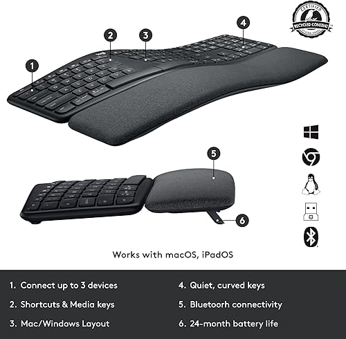 Miniatura 5 de Logitech Ergo K860 - Teclado inalámbrico dividido con soporte de muñeca y elevación vertical izquierdo ergonómico mouse zurdo Bluetooth receptor USB