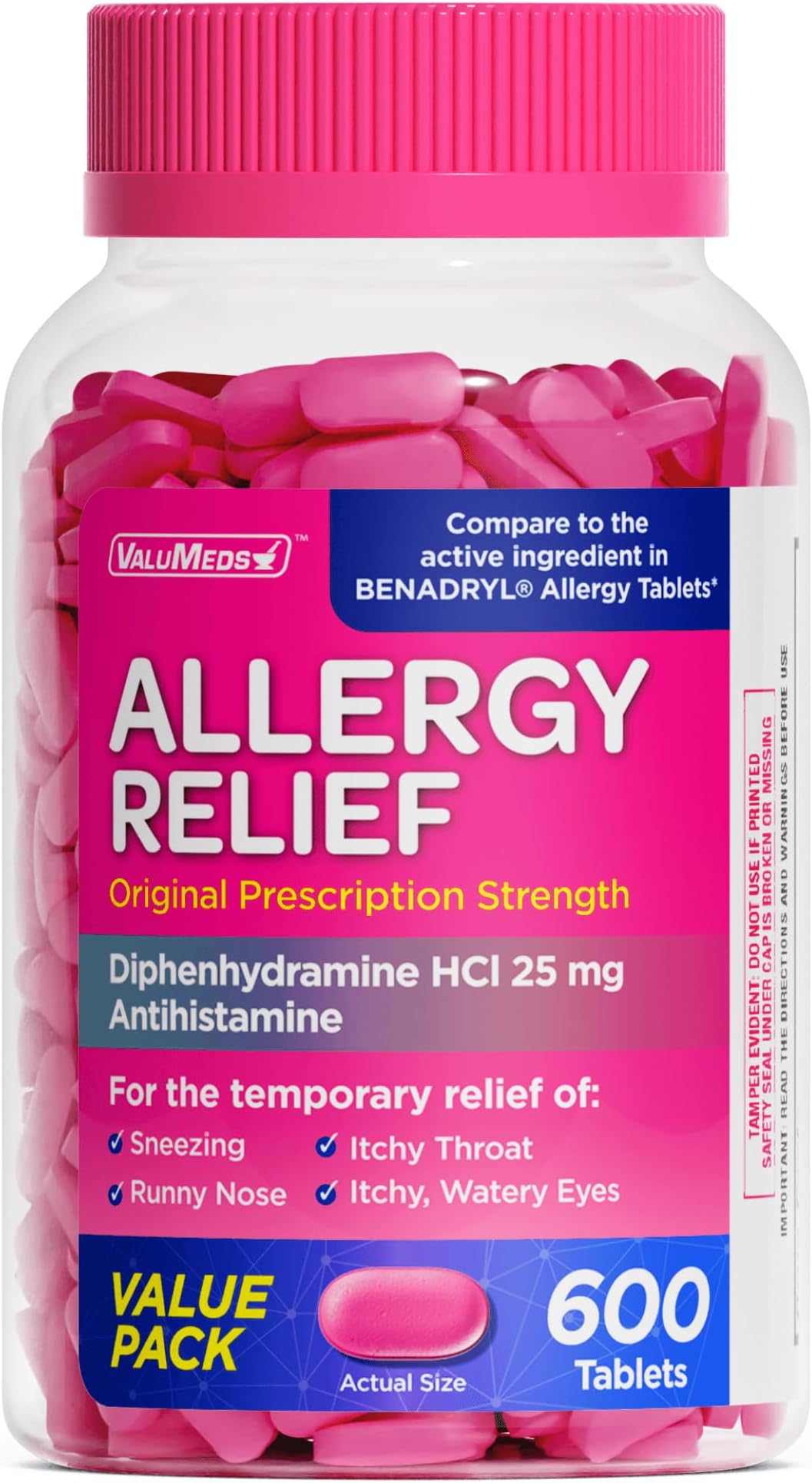 ValuMeds Allergy Medicine Antihistamine, Diphenhydramine HCl 25 mg | Children and Adults | Relieve Itchy Eyes, Runny Nose, Sneezing (25 mg, 600 Count)