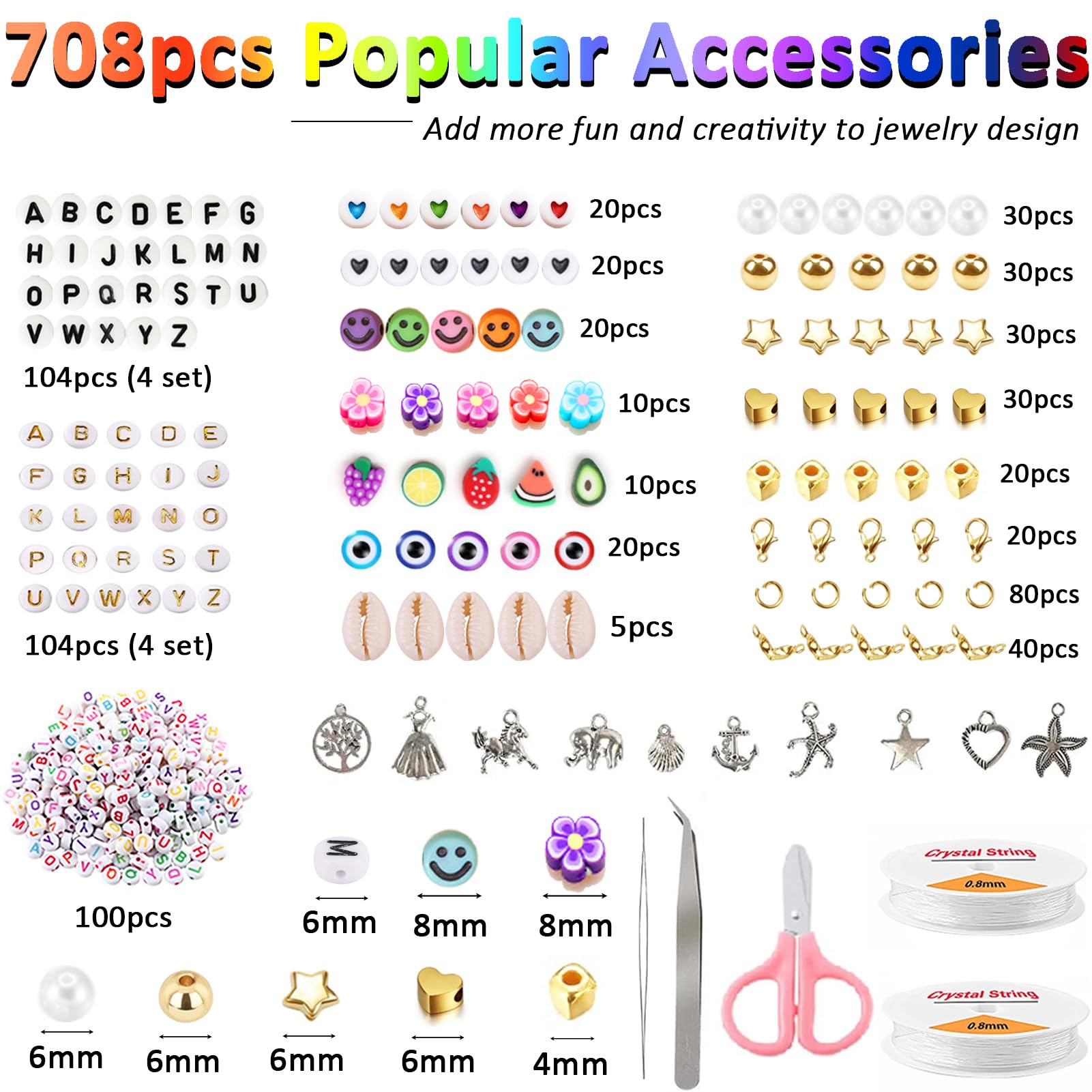 45348pcs 72 Colori 2mm Perline per Bigiotteria Fai Da Te, Perline per Braccialetti,Perline per Collane,Set Perline per Gioielli Dai Da Te con 708 Accessori Perline Lettere Cordino Elastico