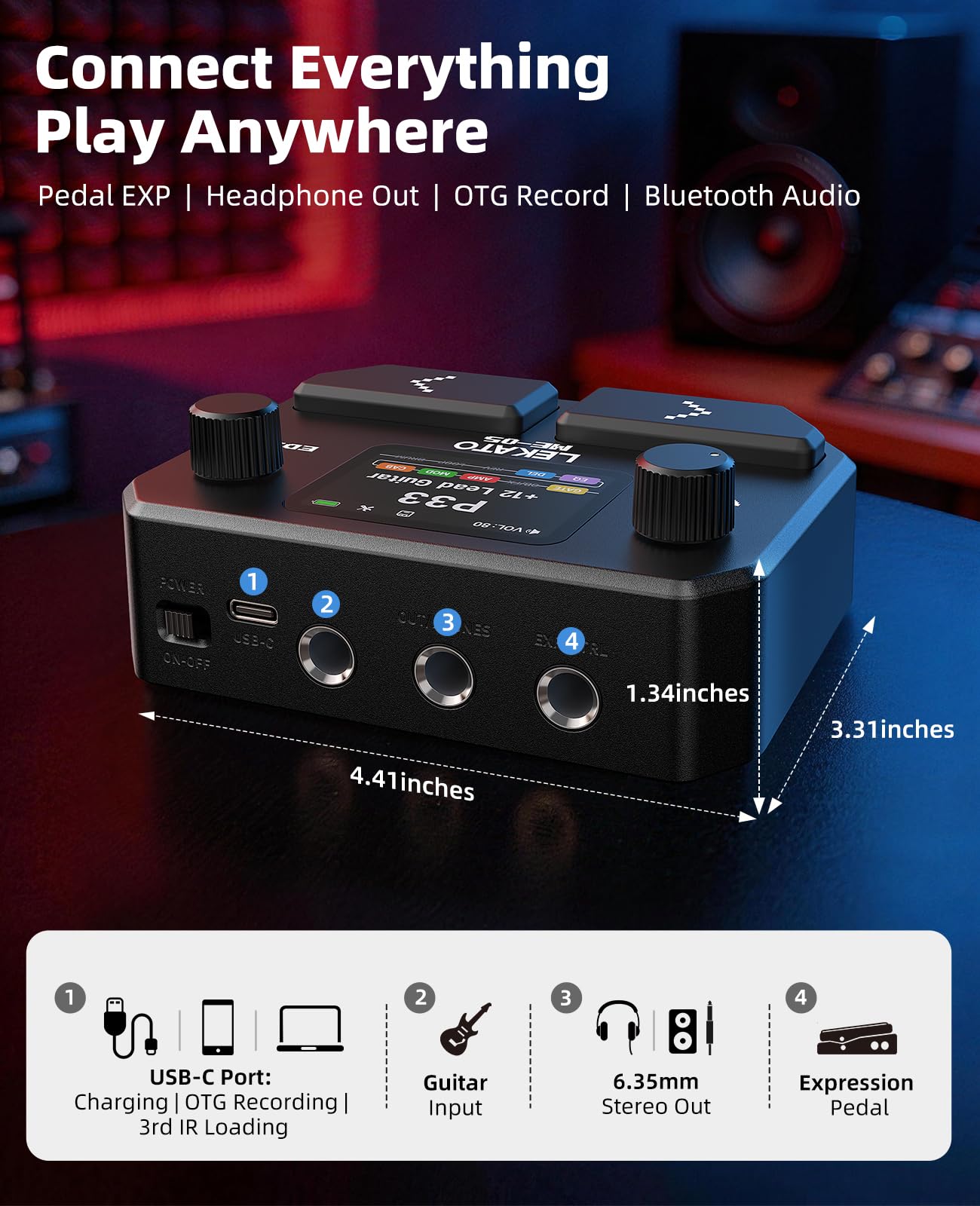 LEKATO Multi Effets Pédale pour Guitare Basse, Processeur Pédale d'effets 10 Modules d'effets, 99 préréglages, 30 Modèles d'amplis et de Baffles, OTG Interface Audio USB BT, Écran LCD 2", Noir