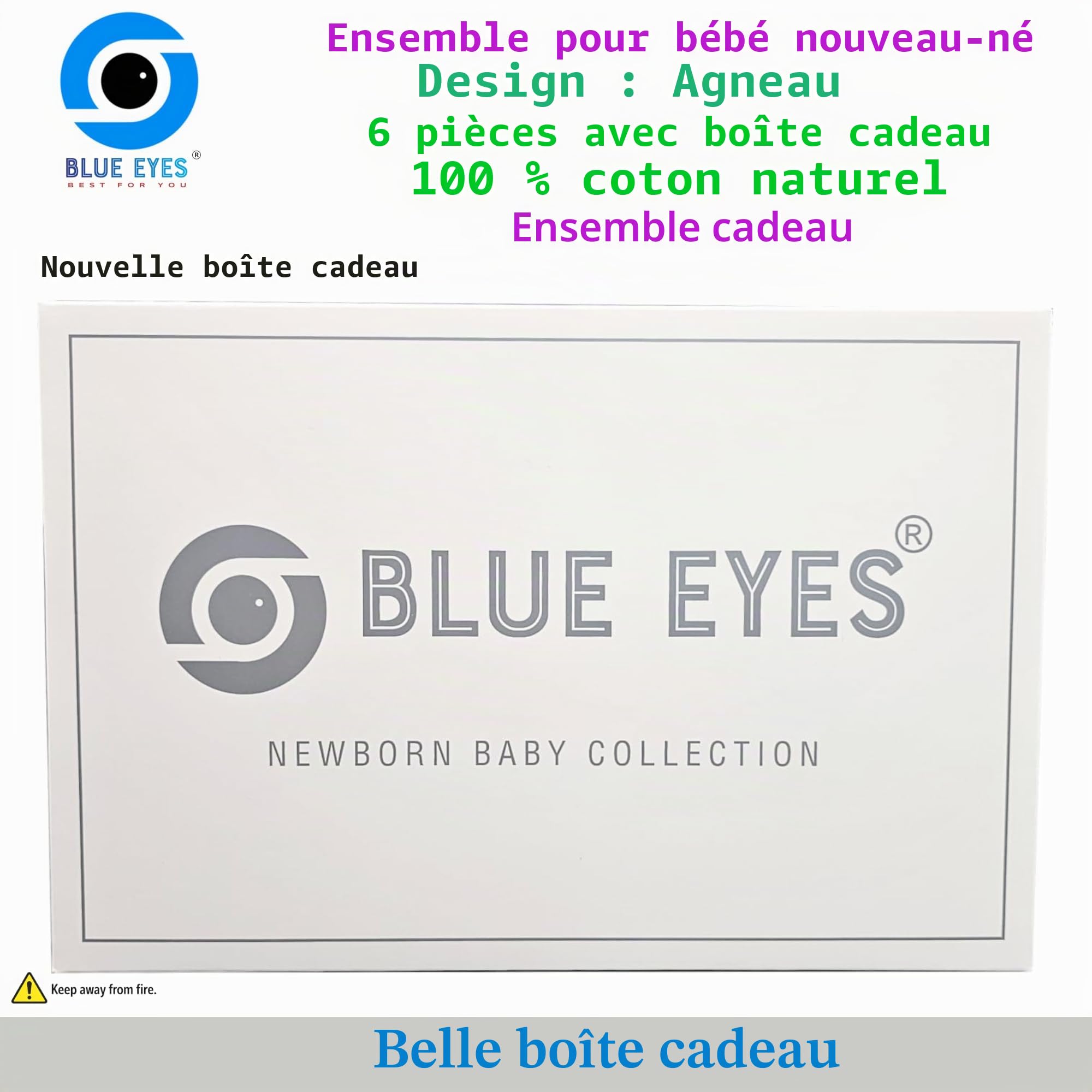 Blue Eyes Coffret Naissance Bébé 6 Pièces en Coton 100%, Ensemble Cadeau Nouveau-Né 0-4 Mois, Vêtements Bébé avec Broderie
