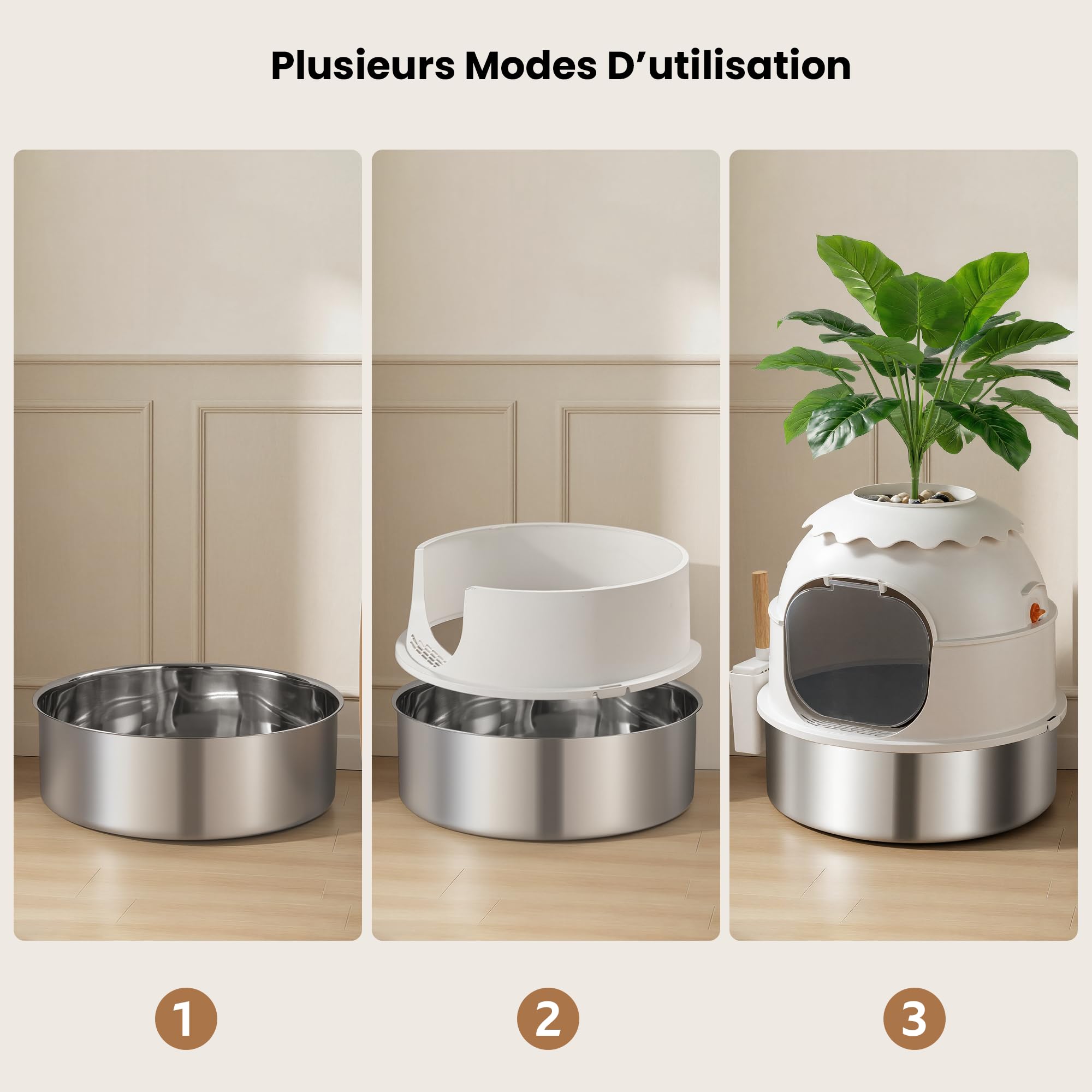 Bac à litière pour chat, Litière Plante en Acier Inoxydable avec Décoration de Plante, Enceinte avec Porte Claire, Inclut Pelle et Tapis à Litière, Contrôle des Odeurs Blanc