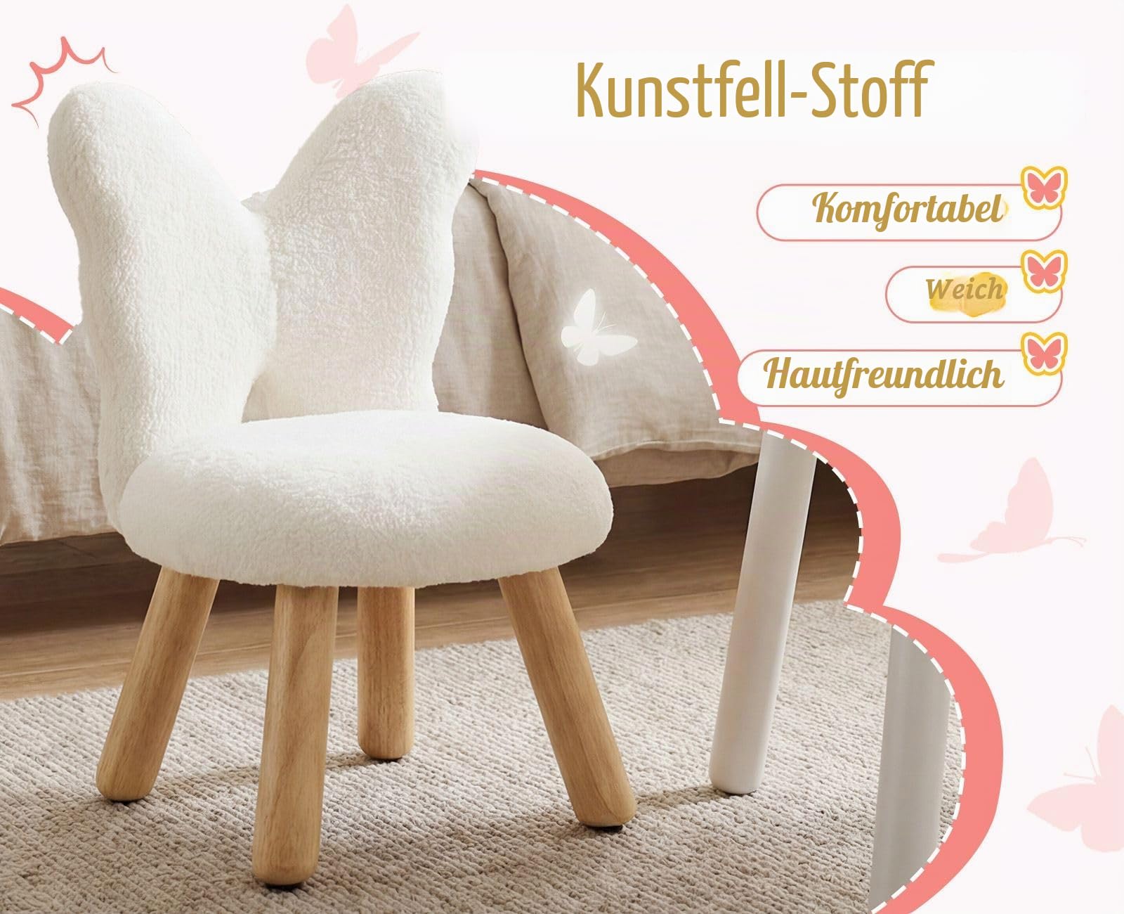 chairus Kindersessel Kunstfell Schmetterling, Weiß | Holzbeine, Gepolstert, Für Kinderzimmer, Für Spielzimmer